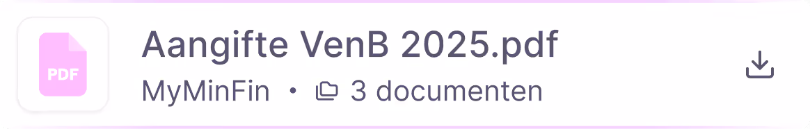 PDF file named 'Aangifte VenB 2025.pdf' from MyMinFin with 3 documents and a download icon.
