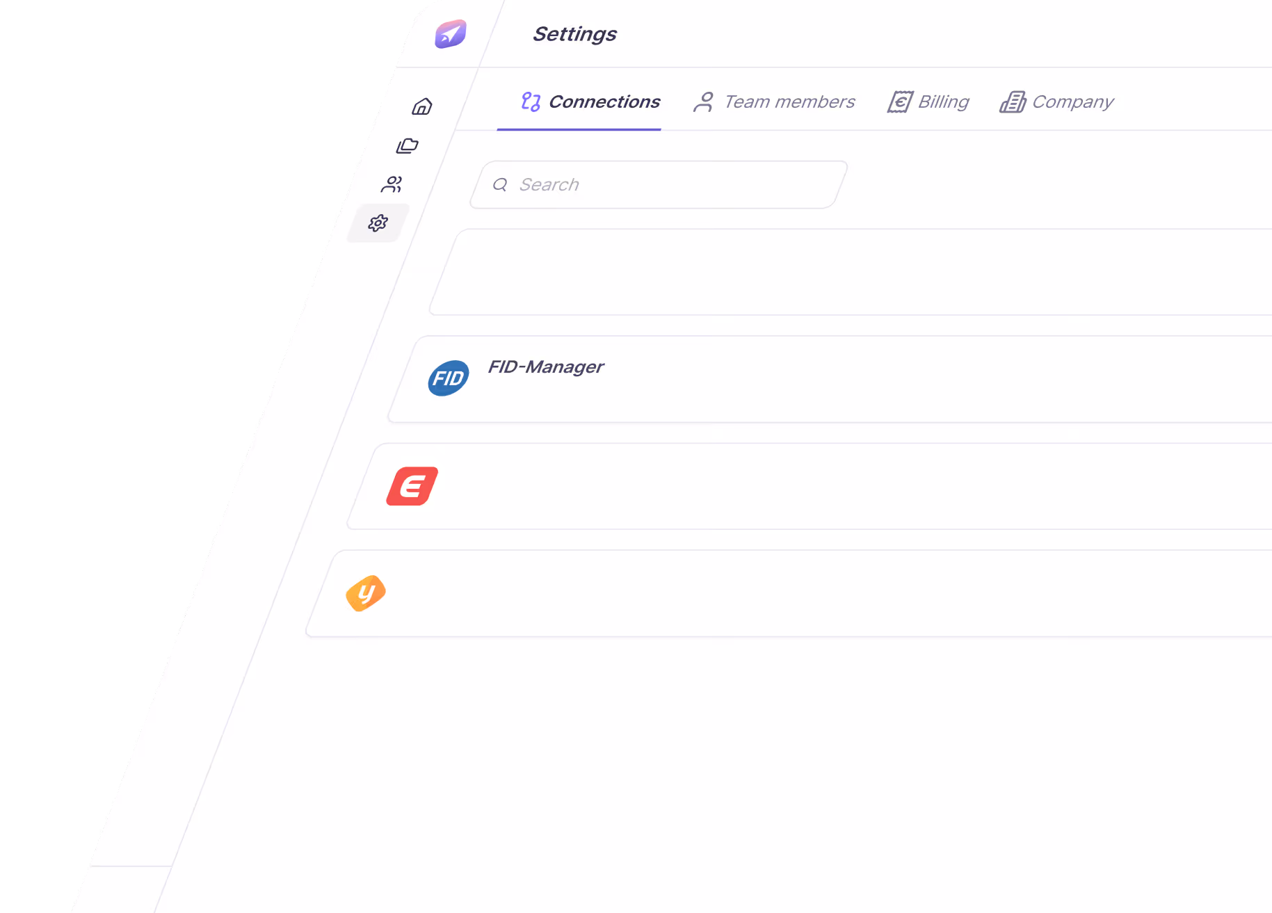 Settings page with tabs for Connections, Team members, Billing, and Company, showing a search bar and three connected services.