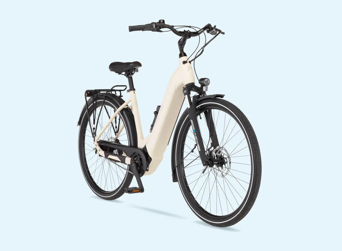 Blaues Fischer Cita-Elektrofahrrad mit tiefem Einstieg (Wave-Rahmen) von schräg rechts