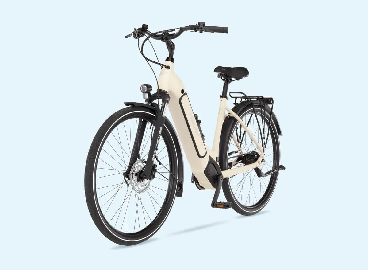 Blaues Fischer Cita-Elektrofahrrad mit tiefem Einstieg (Wave-Rahmen) von schräg links