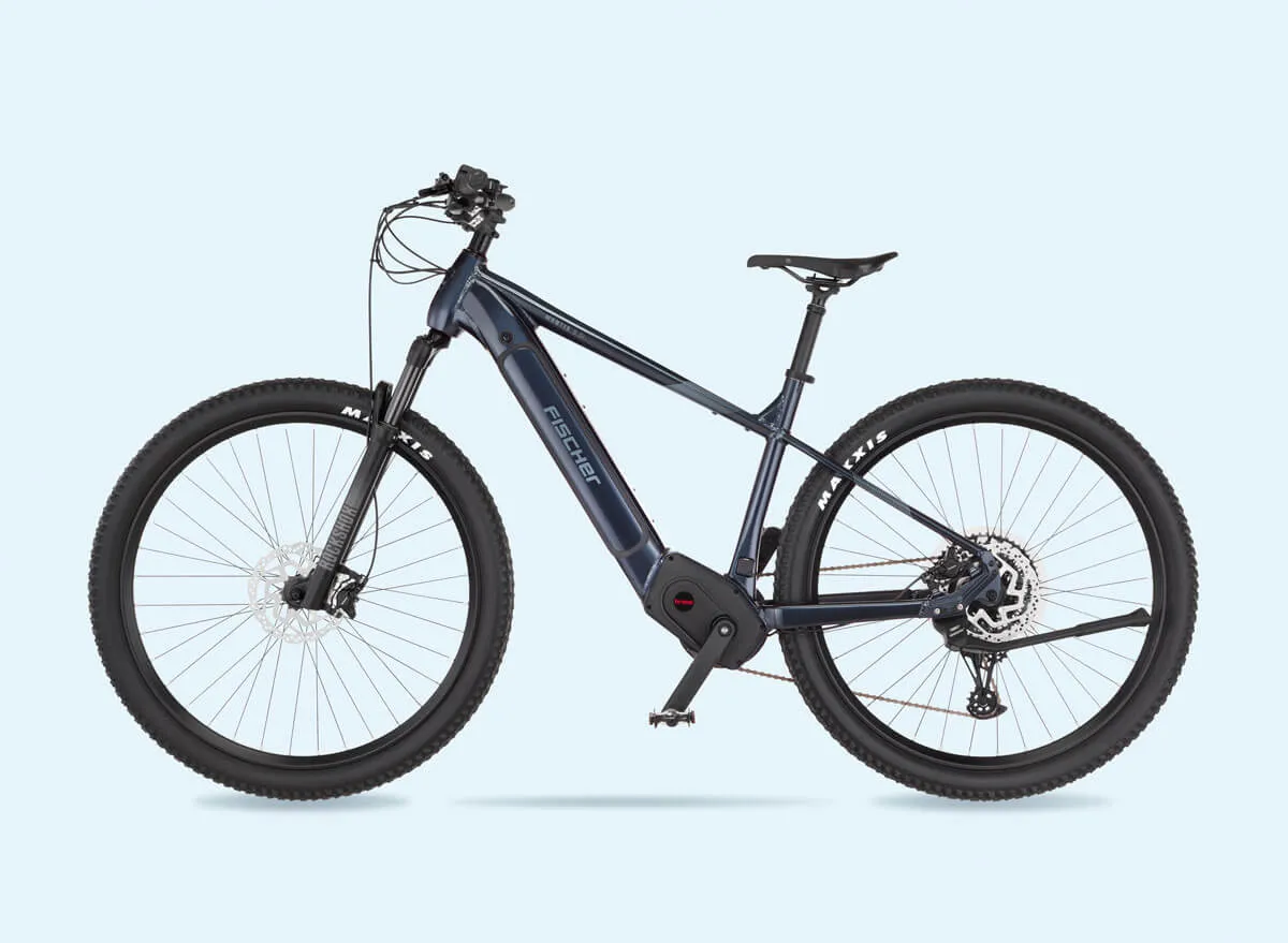 Blaues Fischer Montis-Elektrofahrrad mit hohem Einstieg (Diamant-Rahmen) von links