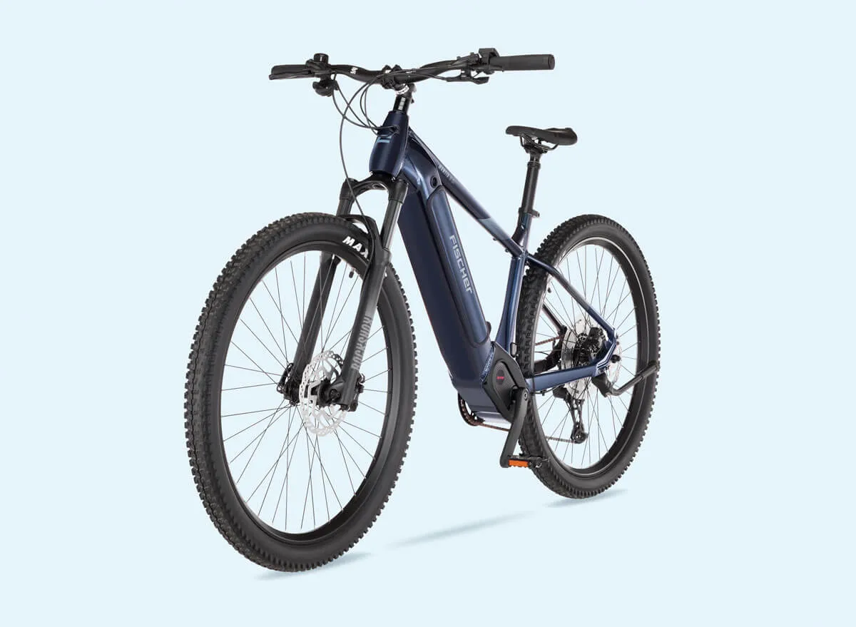 Blaues Fischer Montis-Elektrofahrrad mit hohem Einstieg (Diamant-Rahmen) von schräg links
