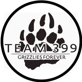 Black bear paw print with text 'TEAM 399' and 'GRIZZLIES FOREVER' inside a black circular border.