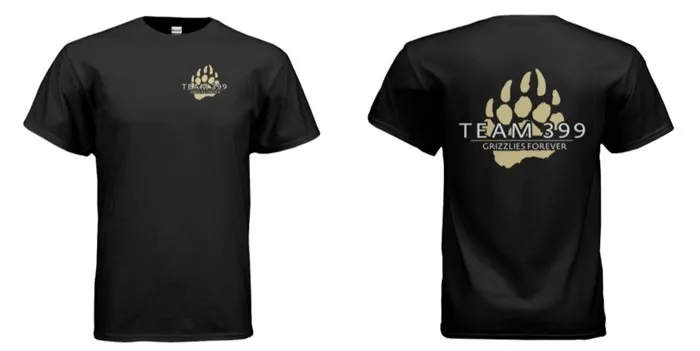 Black T-shirt with a beige grizzly bear paw print and text 'TEAM 399' on the front left chest and larger paw print with text 'TEAM 399 GRIZZLIES FOREVER' on the back.