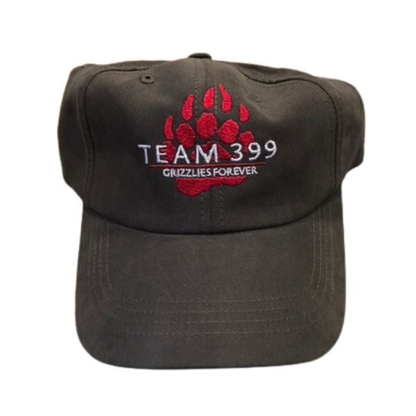 Dark gray baseball cap with a red bear paw print and white text reading 'TEAM 399' and smaller text 'GRIZZLIES FOREVER'.