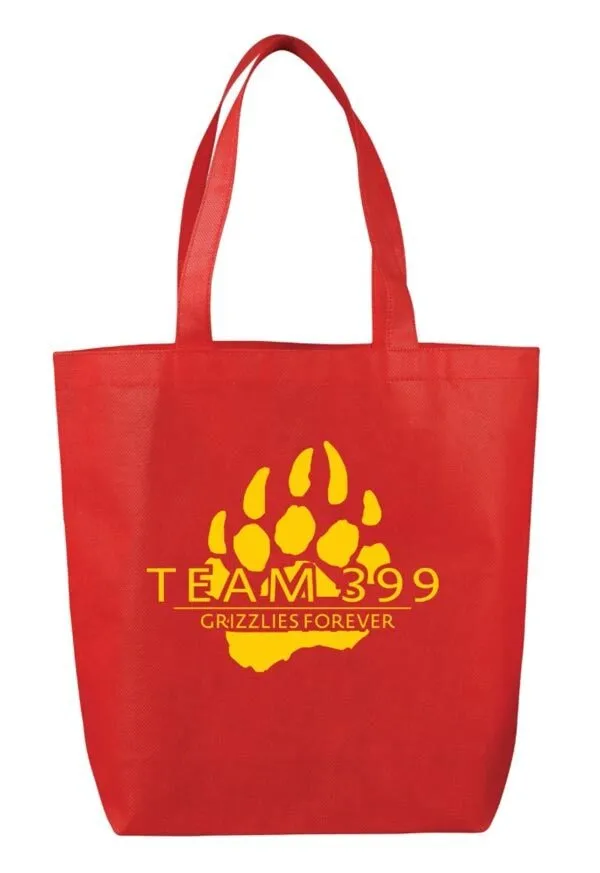Red tote bag with yellow bear paw print and text 'TEAM 399 GRIZZLIES FOREVER'.