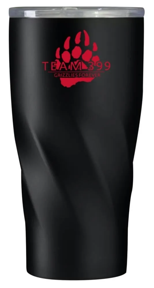 Black insulated tumbler with a red bear paw print and the text 'TEAM 399 GRIZZLIES FOREVER' on the front.