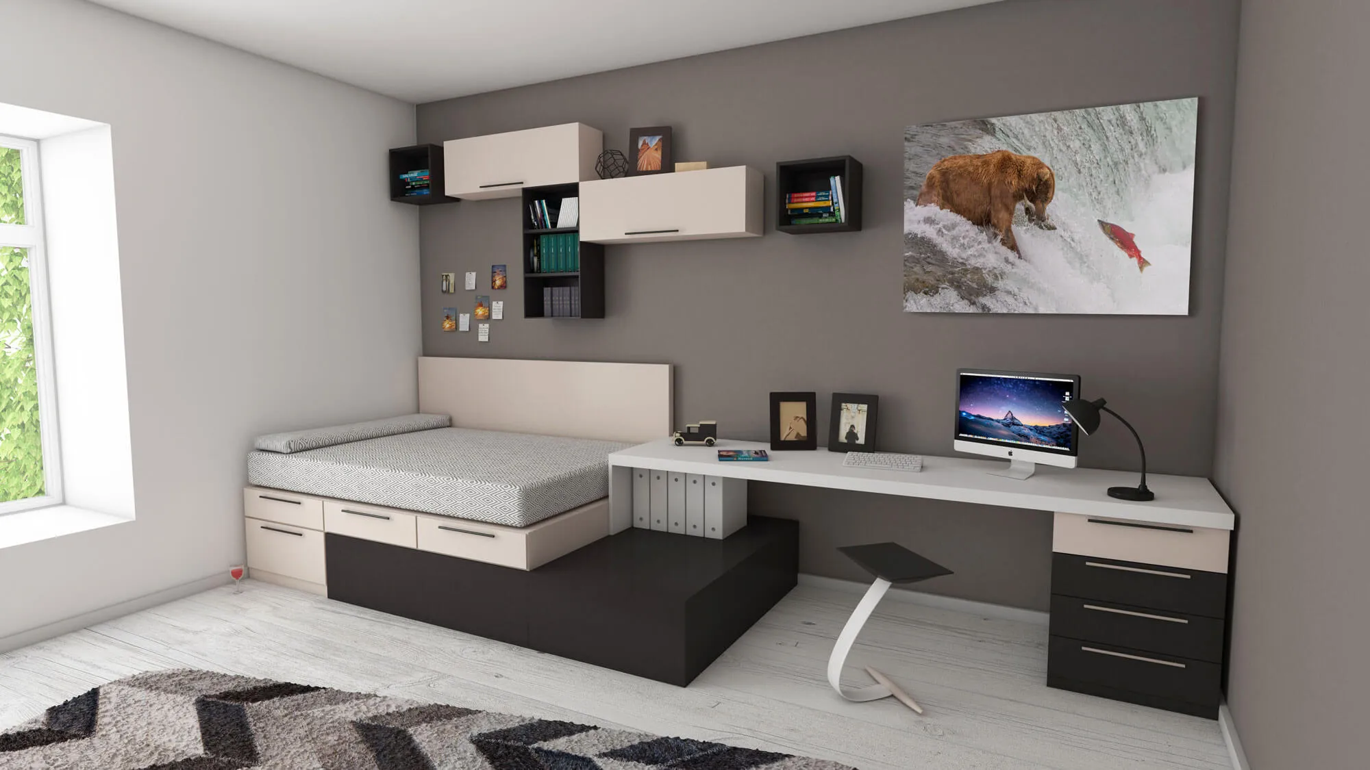 Modern bedroom with a bed, wall-mounted shelves, a long desk with computer, and a photo of a bear catching a fish on the wall.