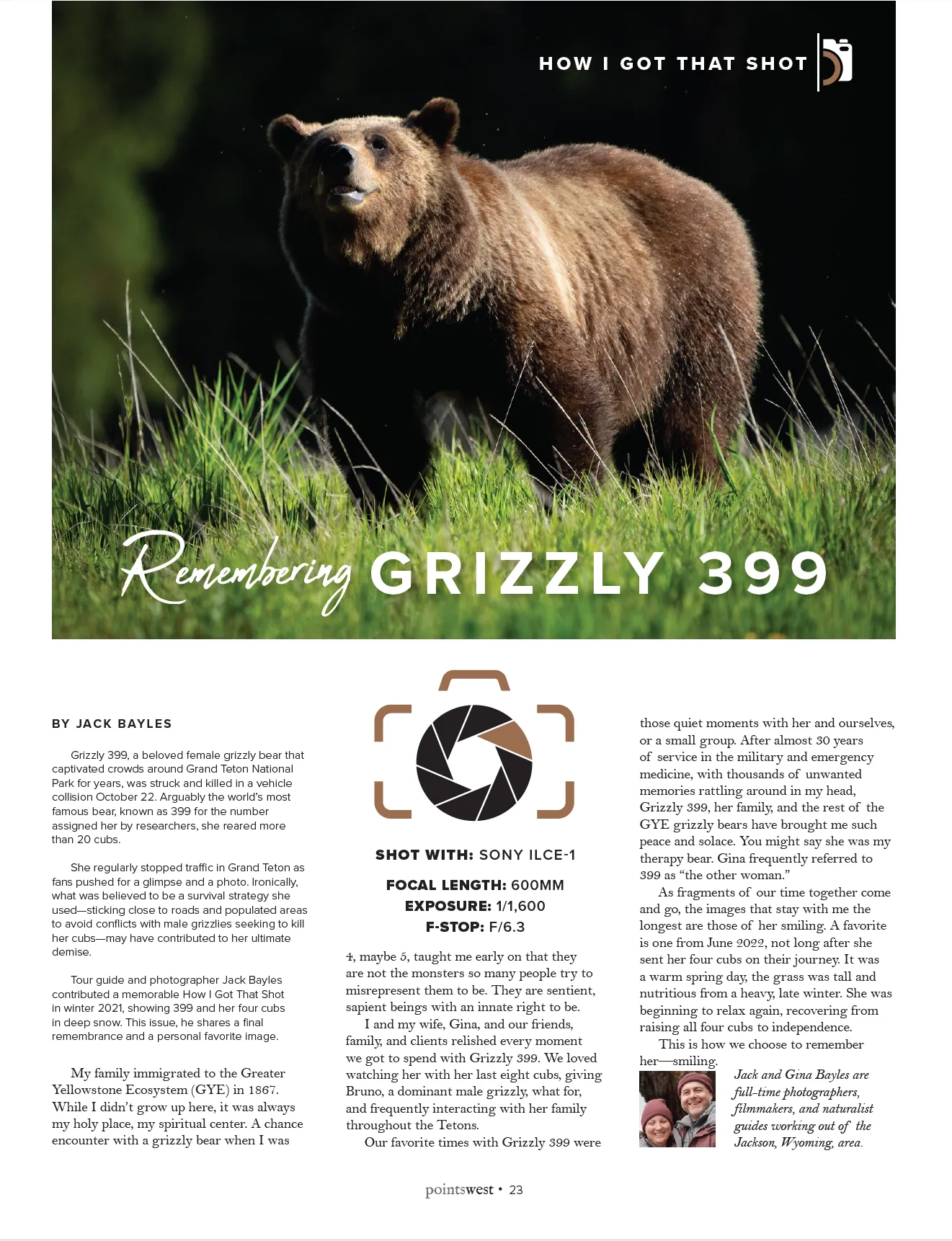 Large grizzly bear standing in green grass with text remembering Grizzly 399 in a magazine layout.