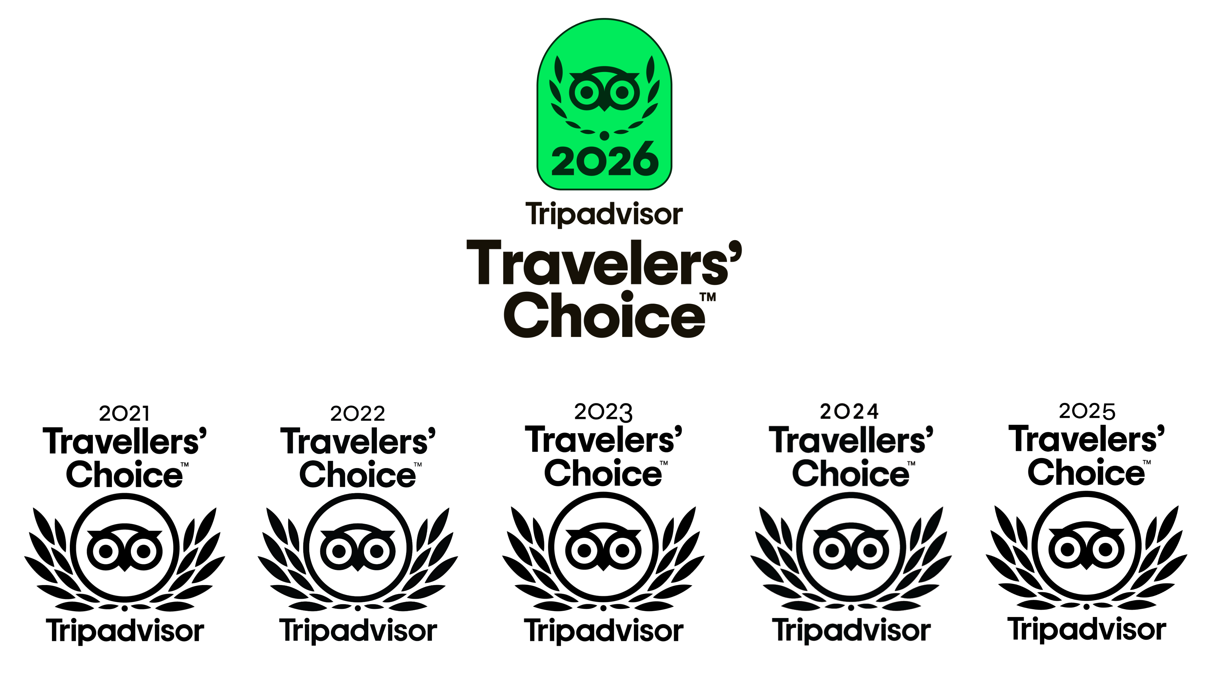 Tripadvisor Travelers' Choice awards badge for years 2021, 2022, 2023, 2024, 2025, and 2026.