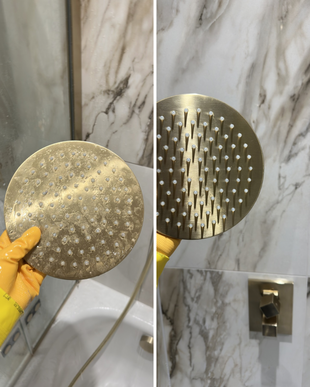 Before and after shower head deep clean by Tidy Hub London