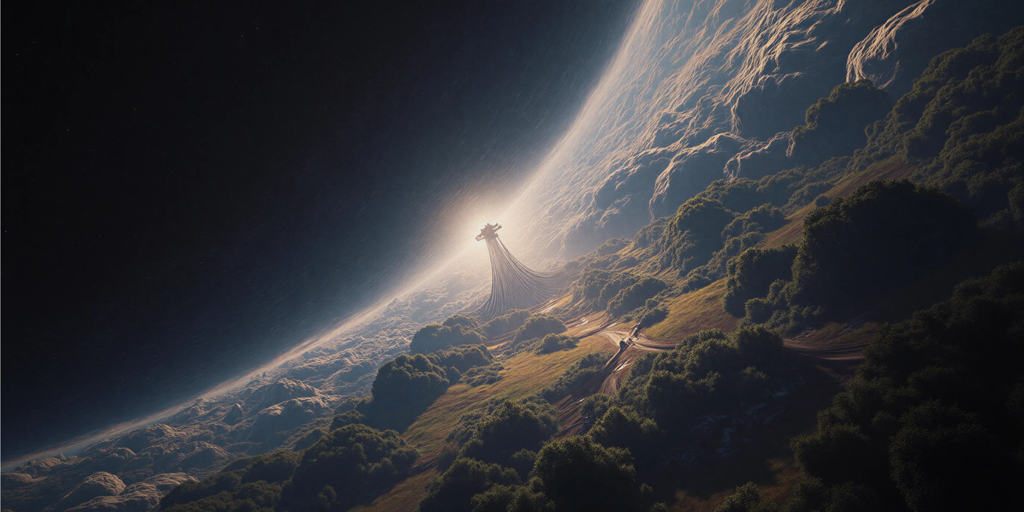 Futuristic spacecraft launching from a lush, forested landscape into space with a bright glow at the planet’s edge.