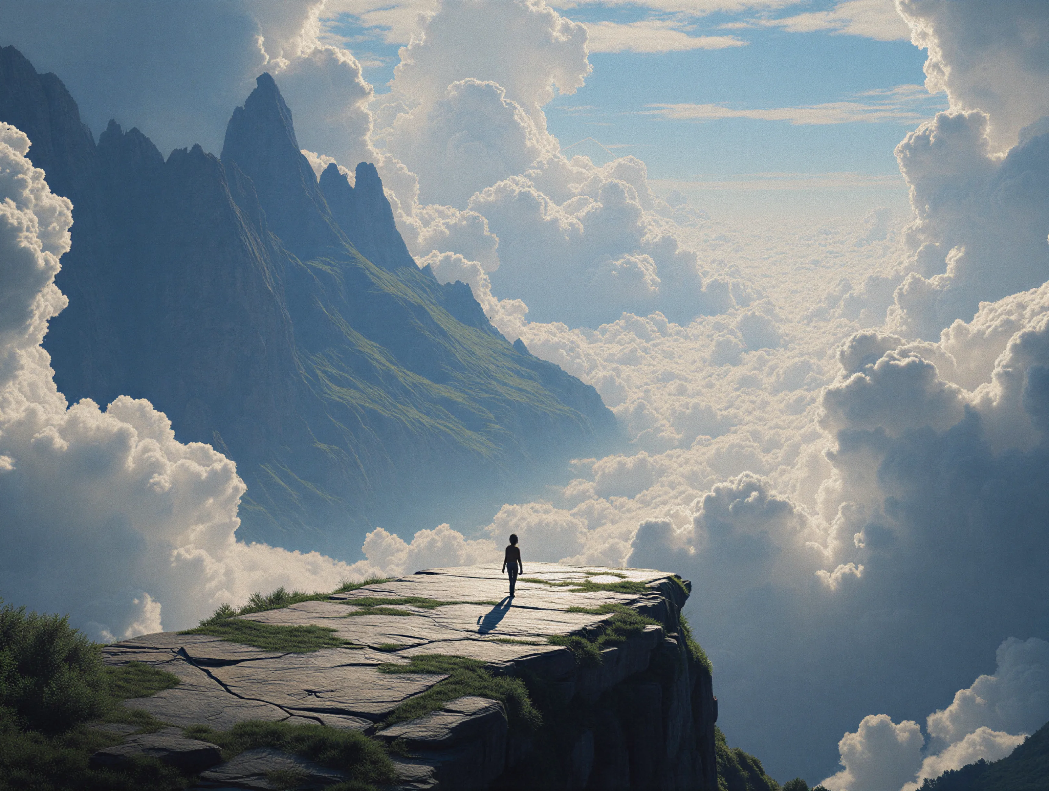 Person standing on a rocky cliff edge overlooking a mountain range surrounded by dense clouds under a blue sky.