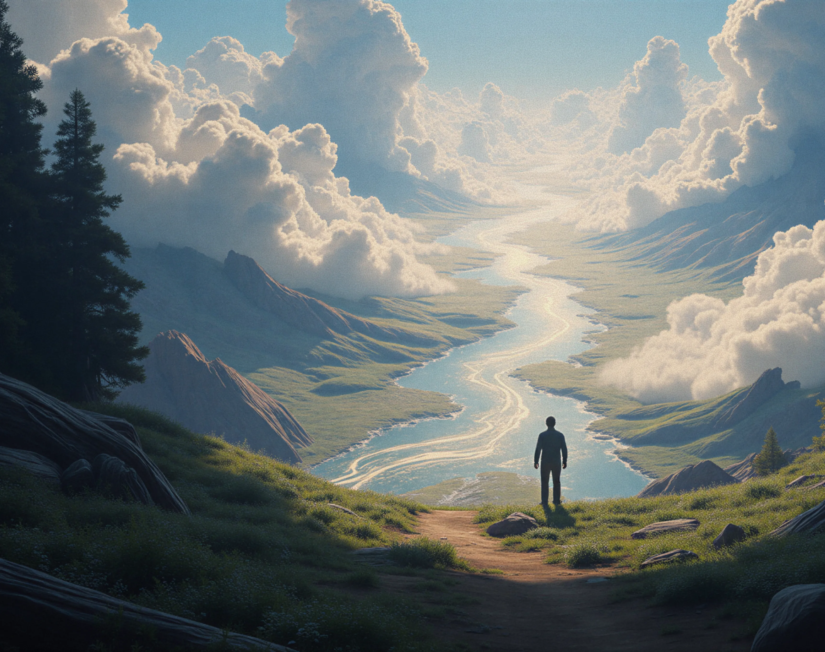 Silhouette of a person standing on a grassy hill overlooking a winding river valley surrounded by mountains and large dramatic clouds.