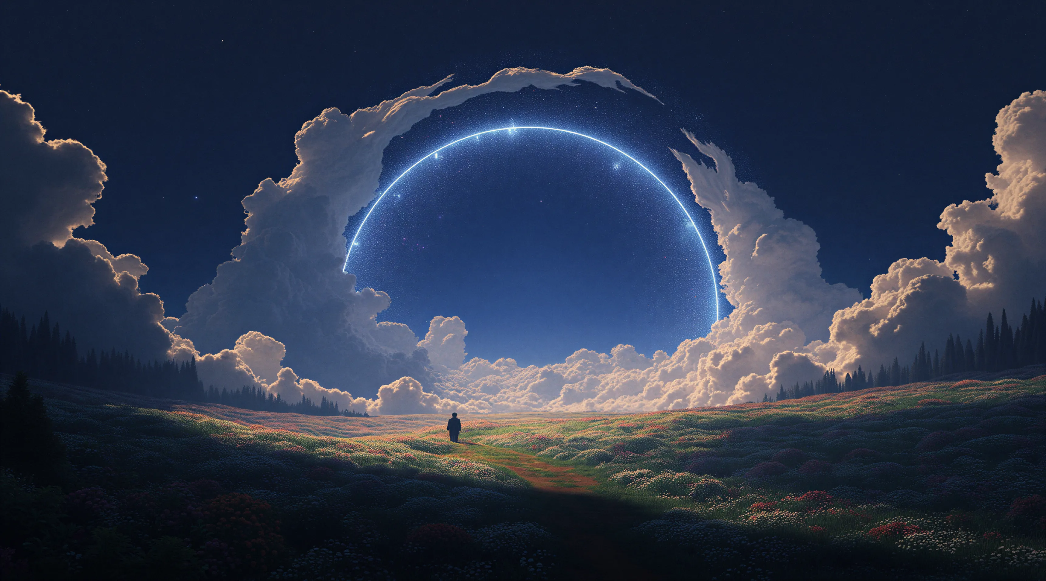 A person stands on a path through a flower field under a night sky with a glowing semicircle of light framed by dramatic clouds.