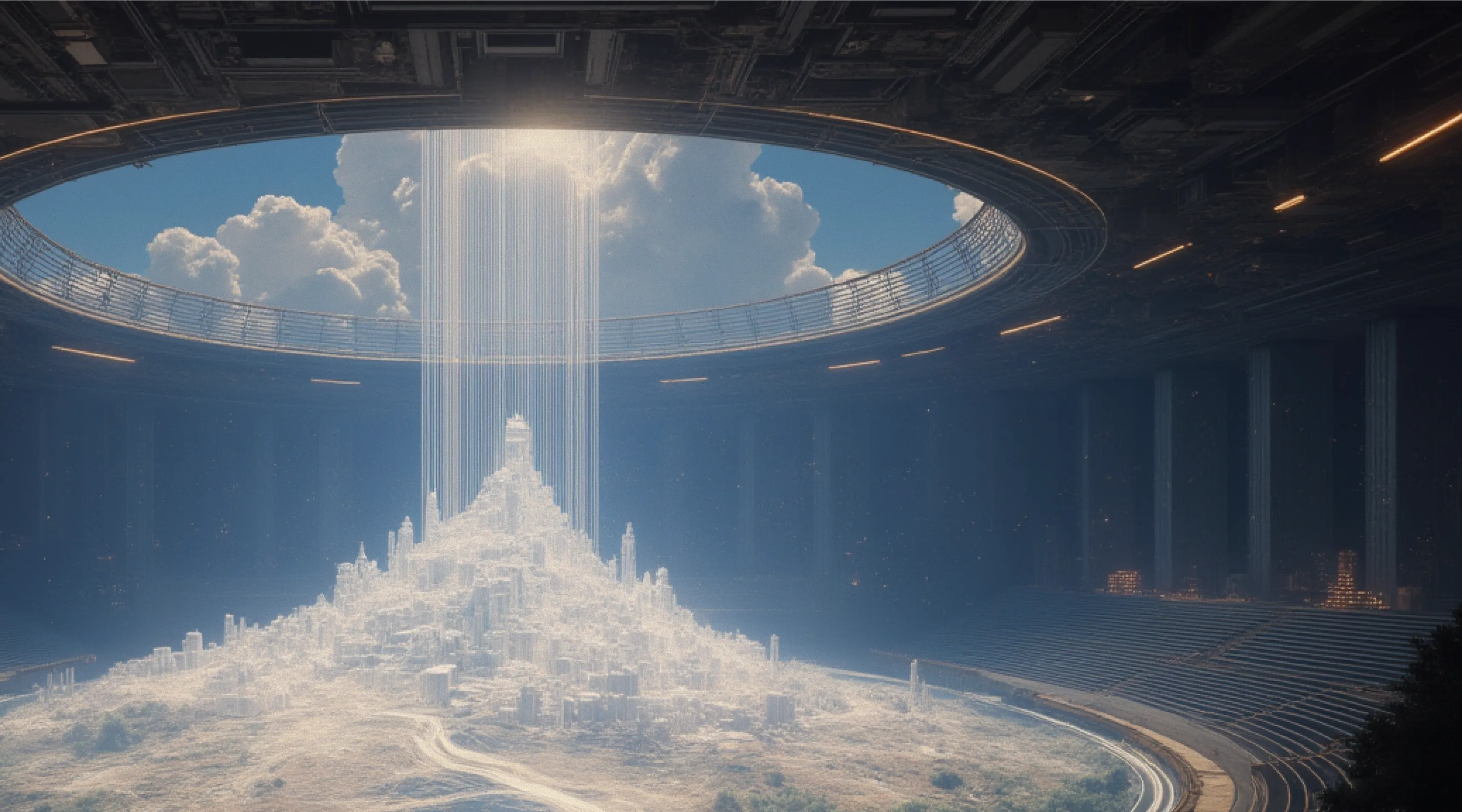 Futuristic landscape with a glowing city forming beneath a circular opening in a dark structure, connected by a vertical stream of light to the sky with clouds.
