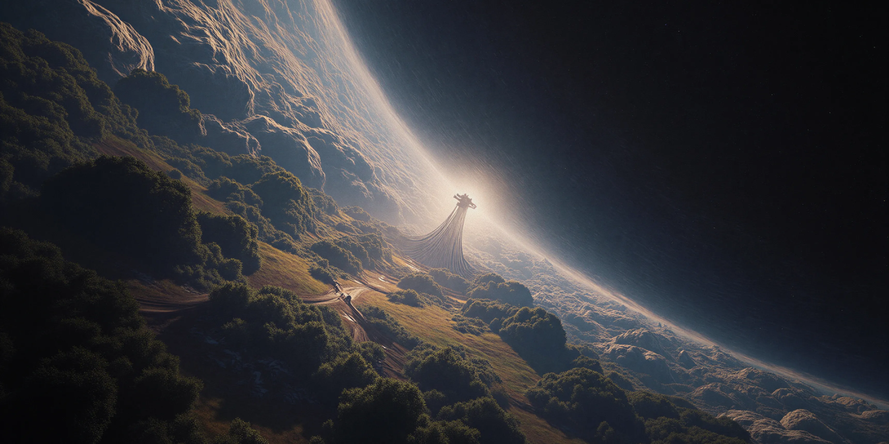 Futuristic spacecraft ascending from a lush, forested planet with a glowing horizon against the dark expanse of space.