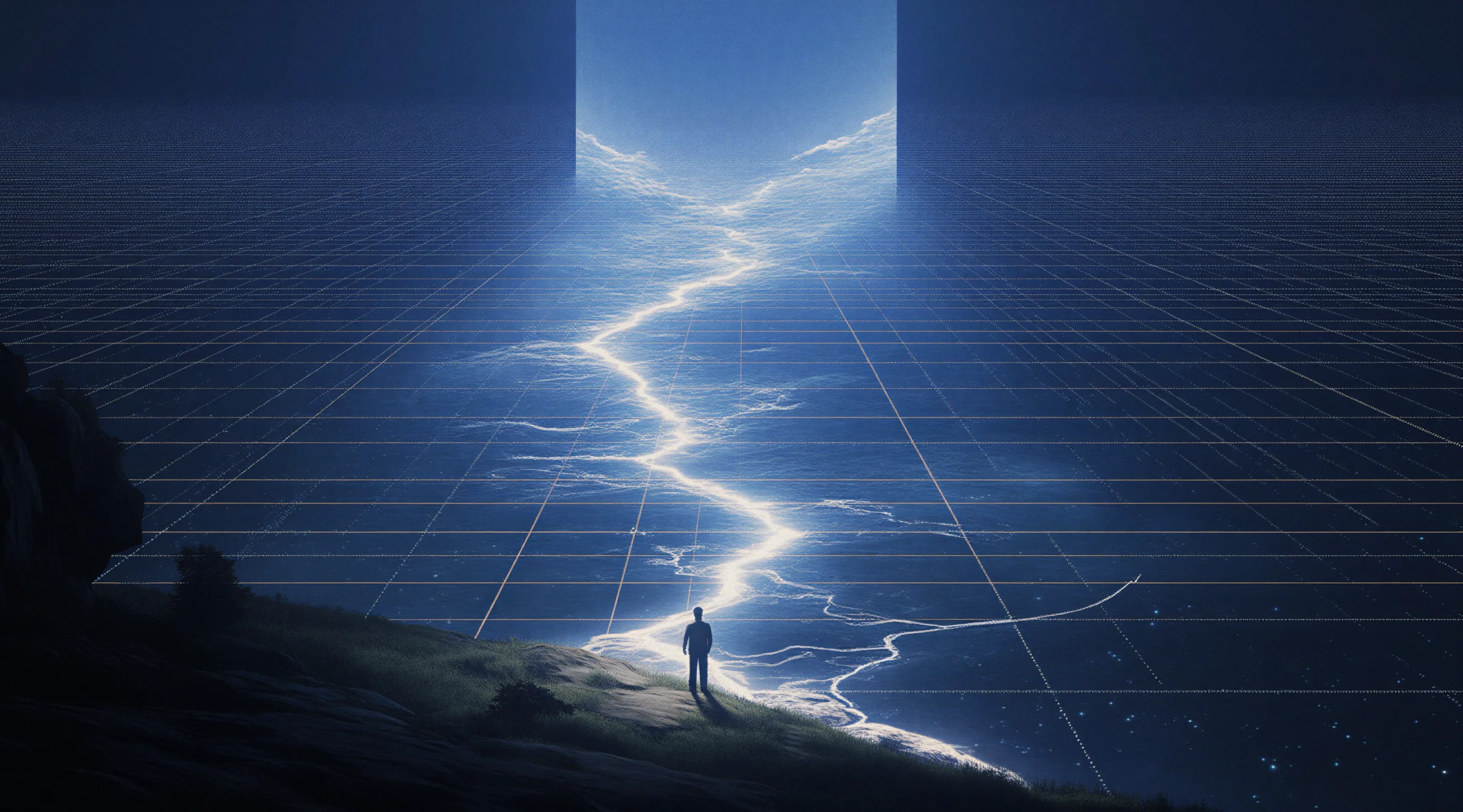 A silhouette of a person standing on a grassy edge looking at a glowing path cutting through a grid-like surface toward a bright rectangular portal in the sky.