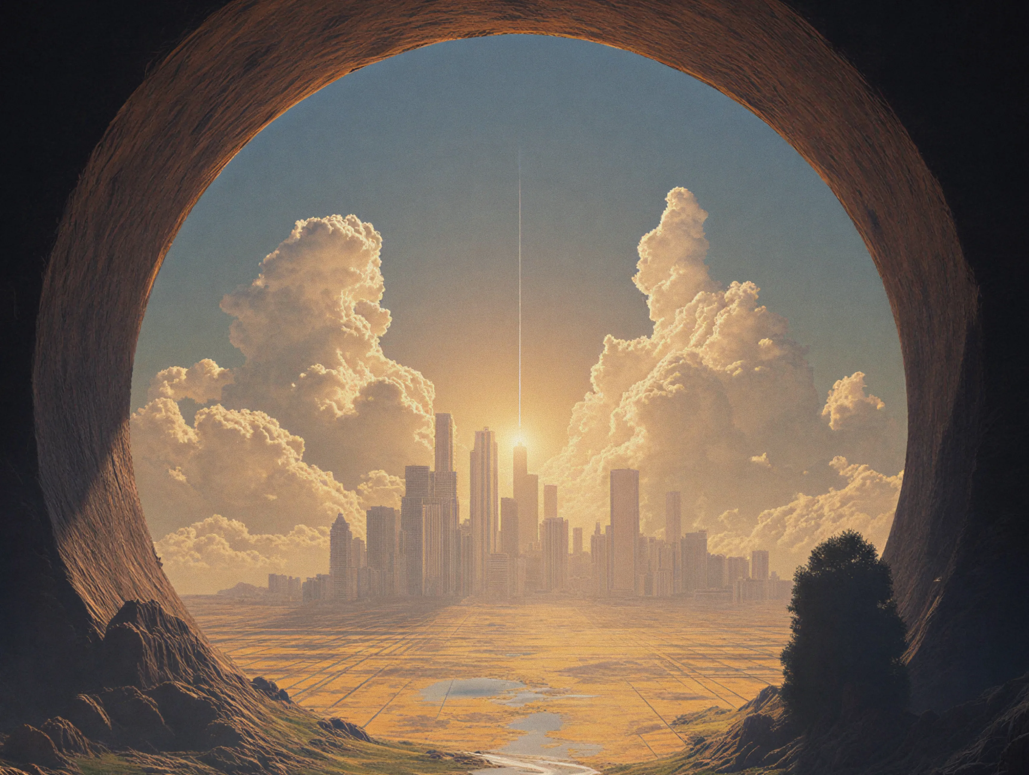 View of a futuristic city skyline with tall buildings and dramatic clouds, seen through a large circular cave opening at sunset.
