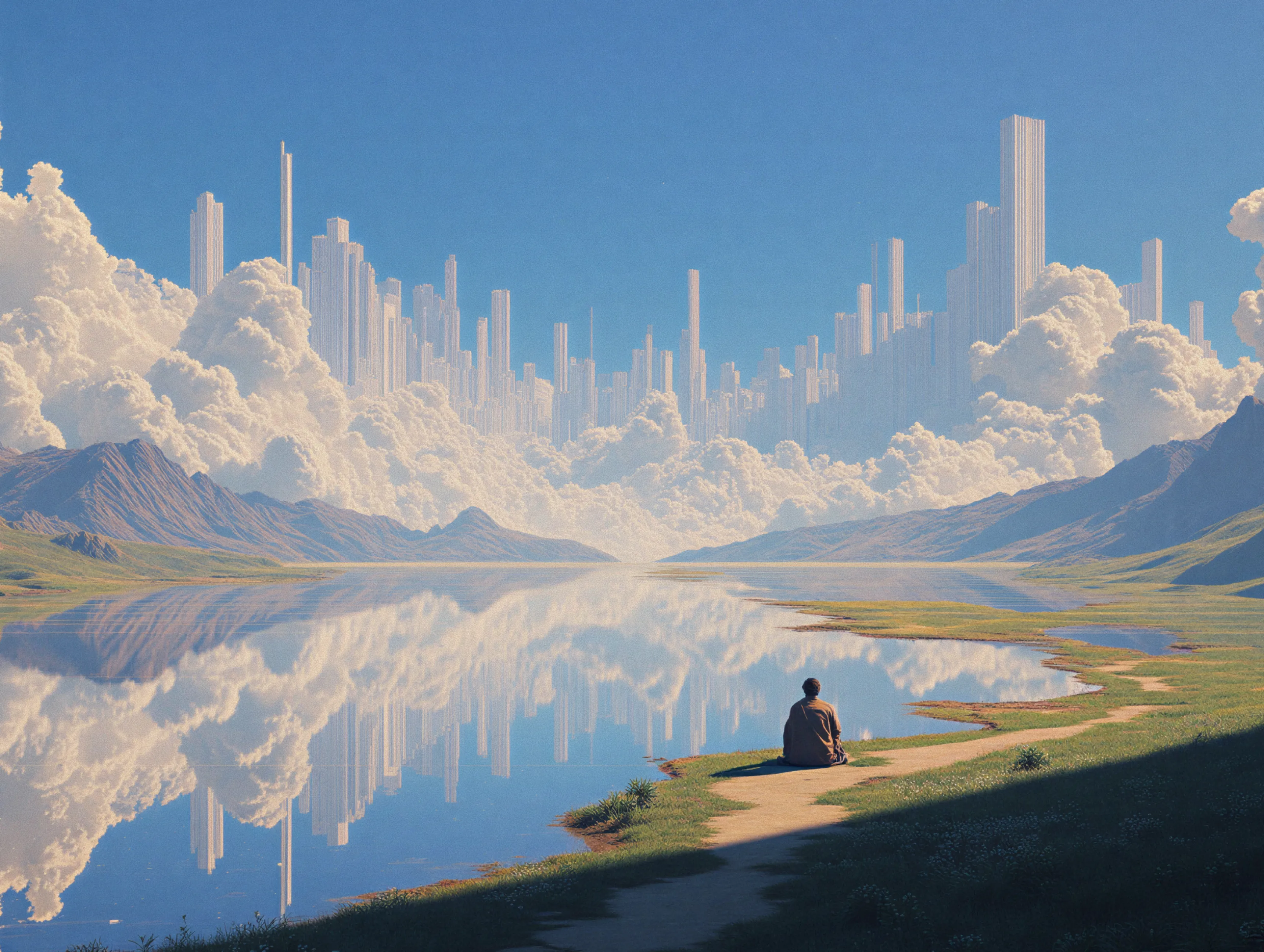 Person sitting on a lakeside path overlooking mountains and clouds reflecting skyscraper-like shapes in the water under a clear blue sky.