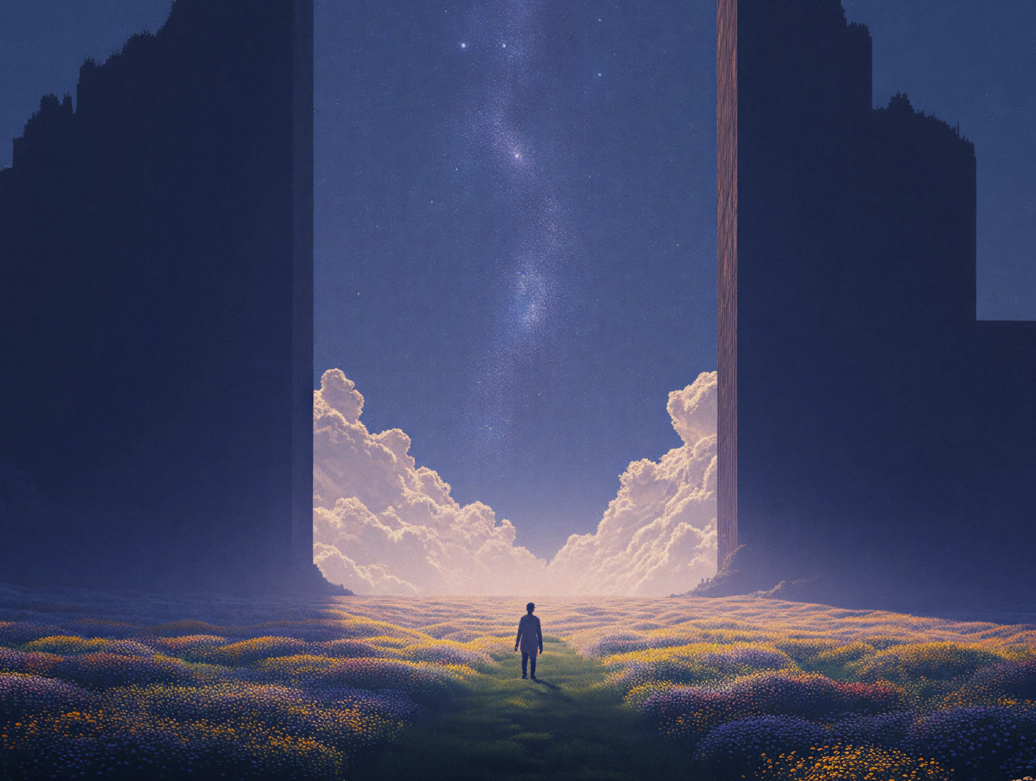 Silhouette of a person walking on a path through colorful flower fields towards a starry sky framed by tall dark structures and illuminated clouds.