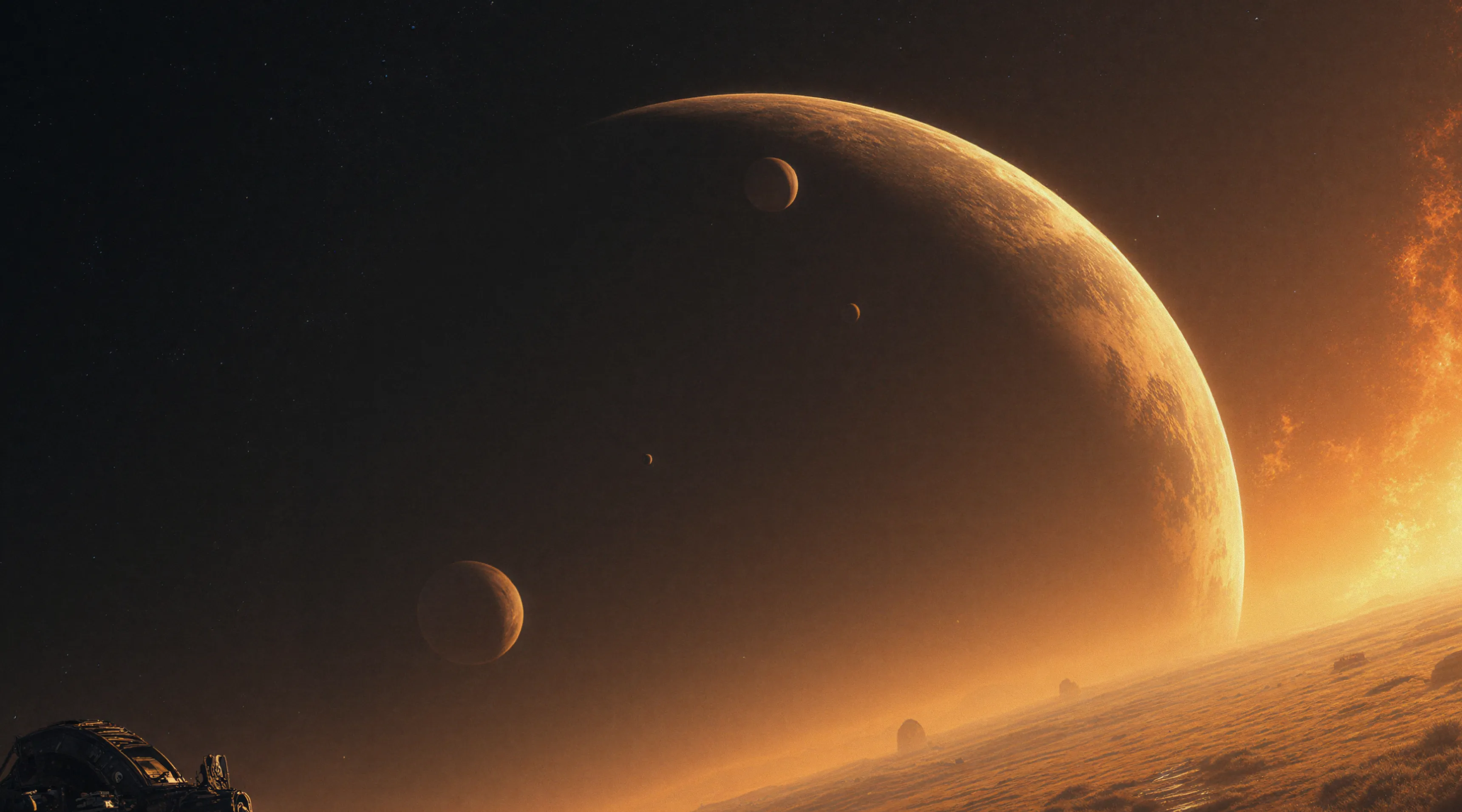 Giant planet with four moons visible in space above a misty, rocky landscape at sunset or sunrise.
