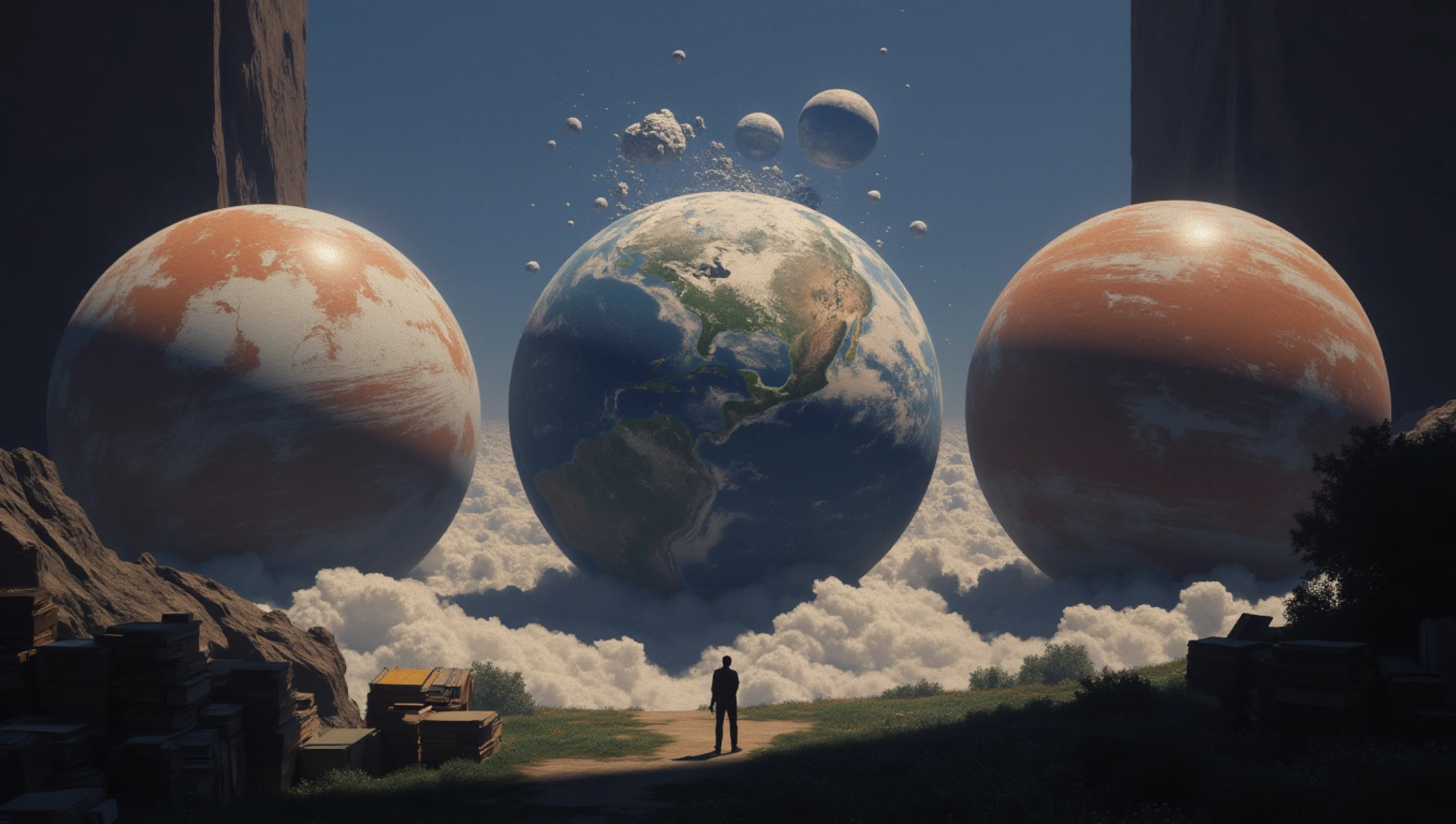 Silhouette of a person standing on a path looking at three large planets and several smaller celestial bodies floating above clouds between rocky cliffs.