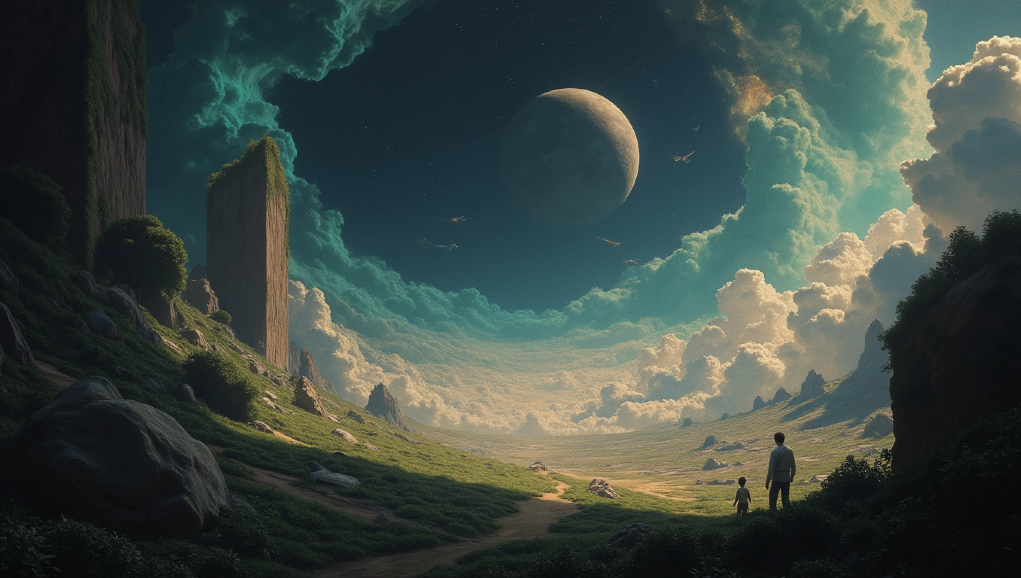 A surreal landscape featuring two people standing on a green valley path under a dark sky with a large moon and thick clouds surrounding it.