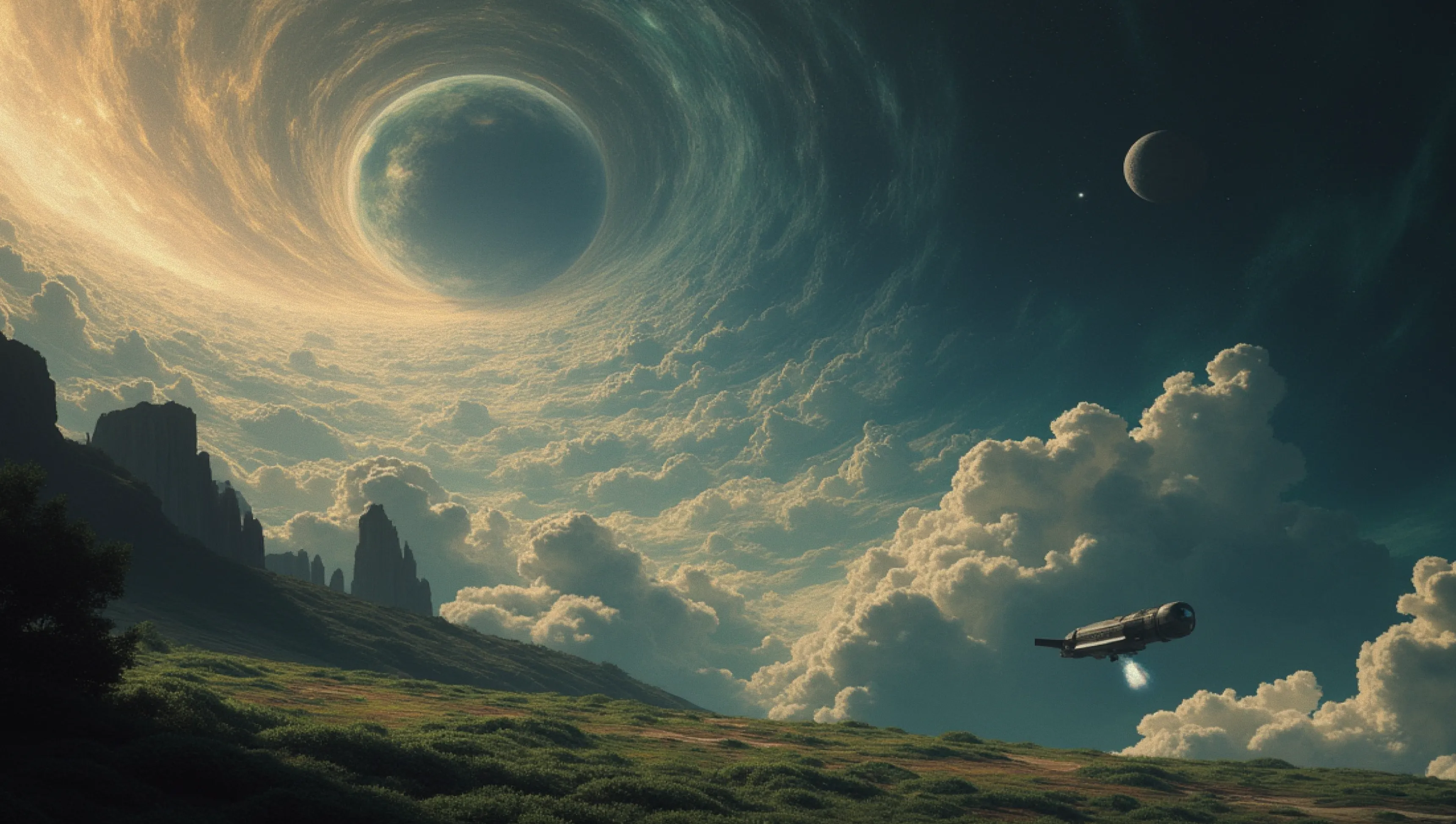 A surreal landscape with a green field, rocky cliffs, and a sky featuring a swirling vortex of clouds around a glowing planet, another crescent moon, and a flying spacecraft.