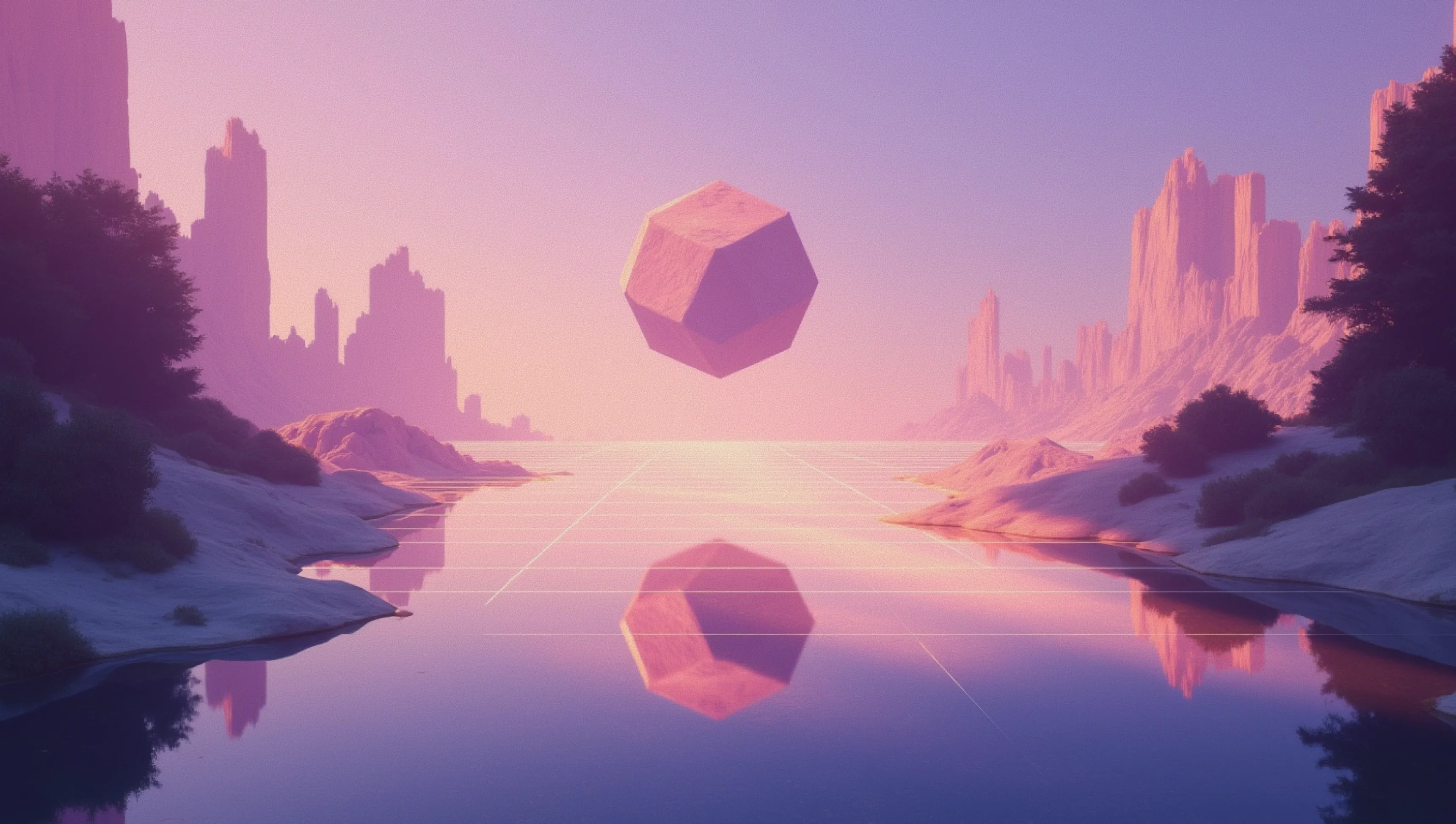 A large floating pink dodecahedron above a calm reflective river with rocky cliffs and bushes on both sides under a pastel purple-pink sky.