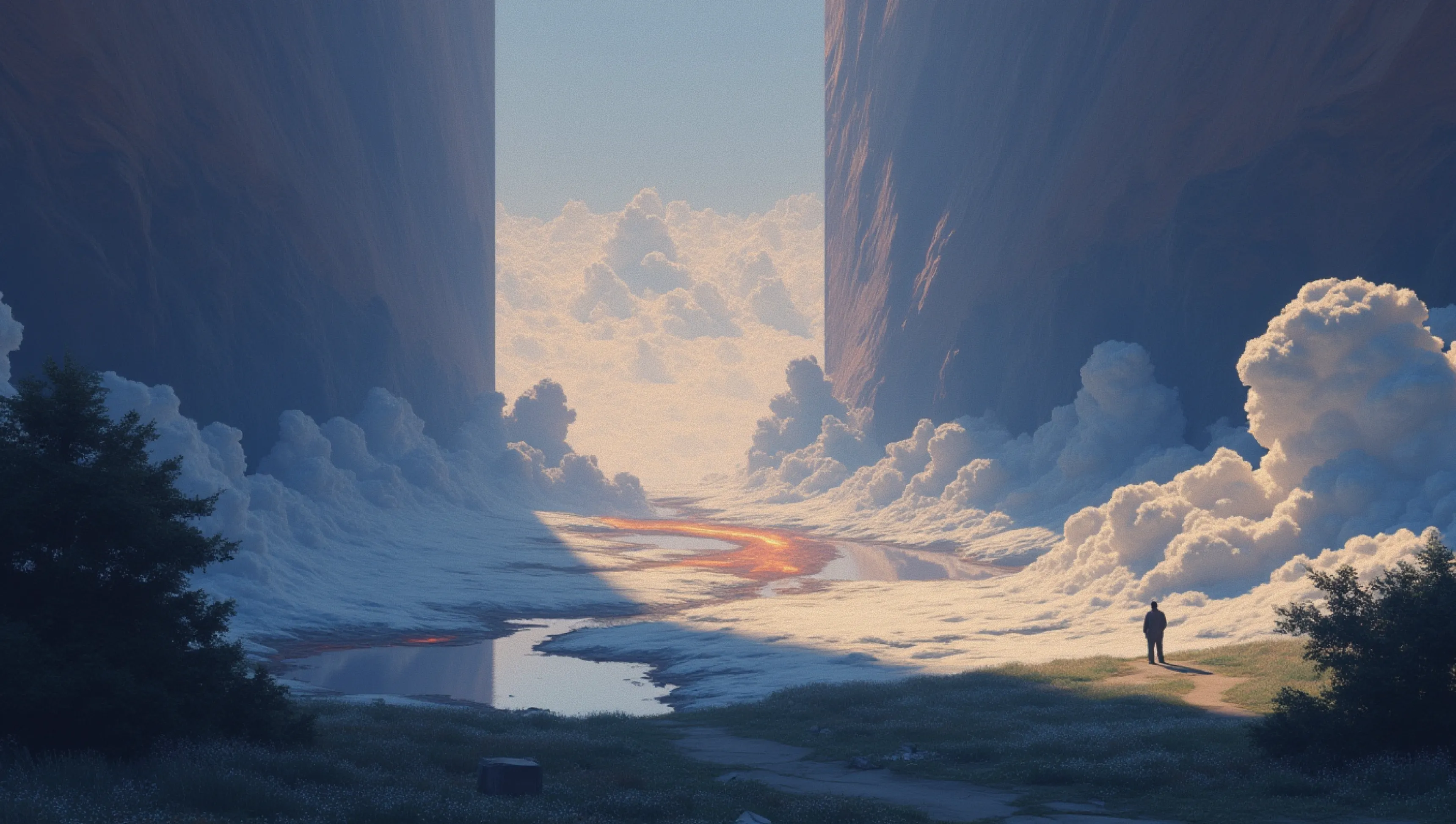 A lone figure stands on a grassy ledge overlooking a surreal landscape with towering cliffs, dense clouds filling a valley, and a glowing river.