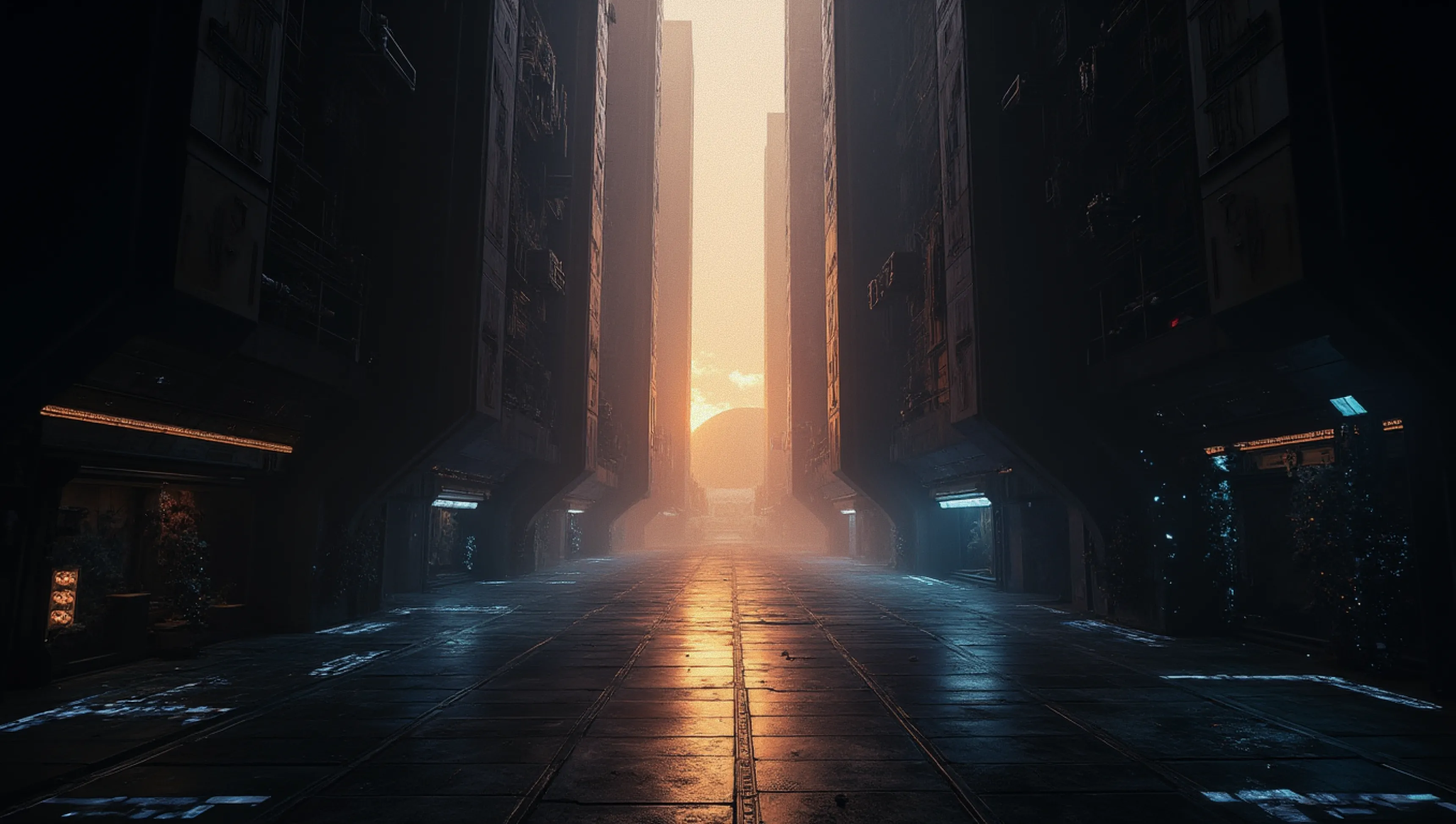 Dimly lit futuristic corridor with tall, dark structures on each side and orange light glowing in the distance.