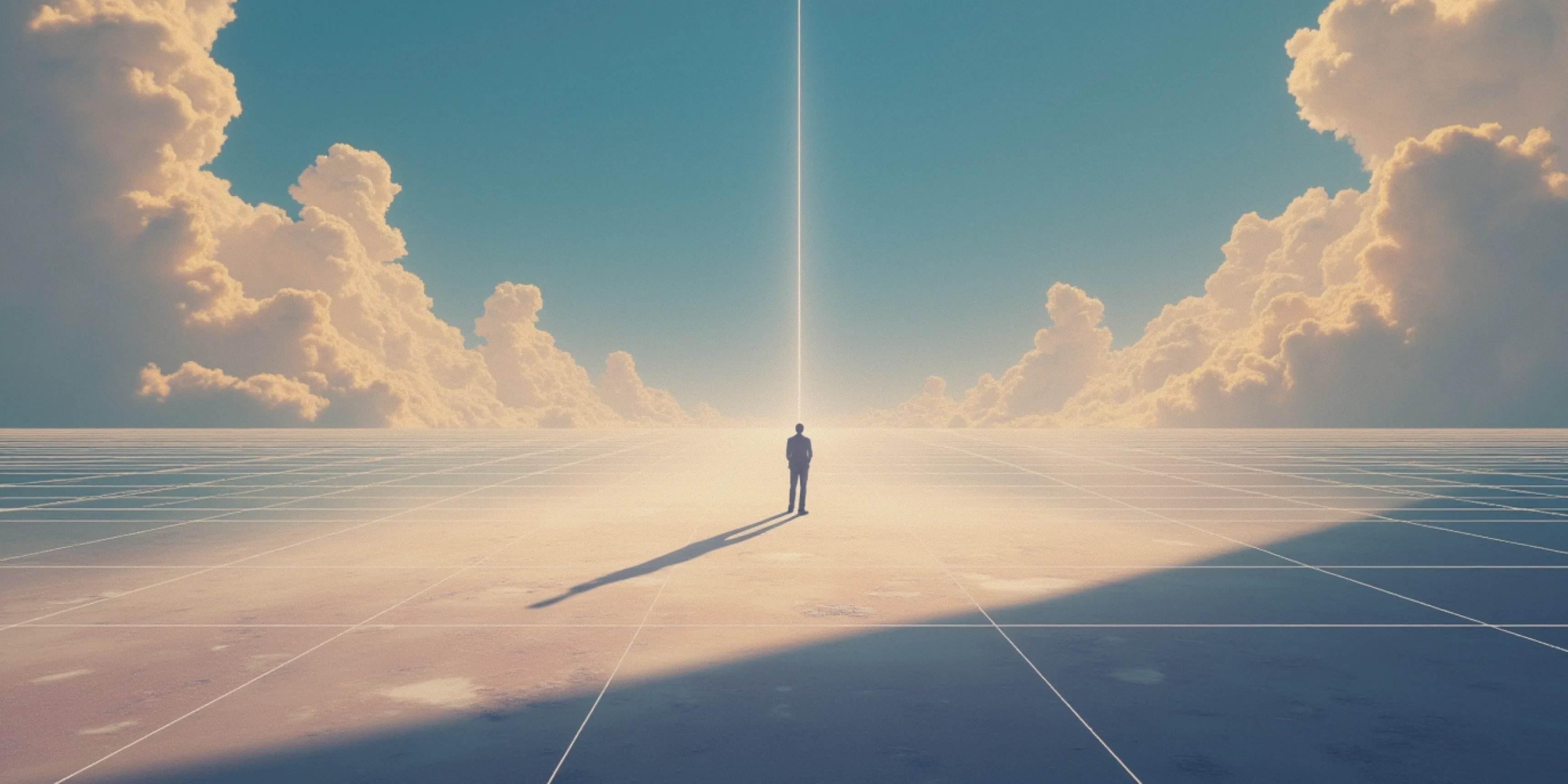 Silhouette of a man standing on a grid-like surface facing a bright vertical beam of light with large clouds in the sky.