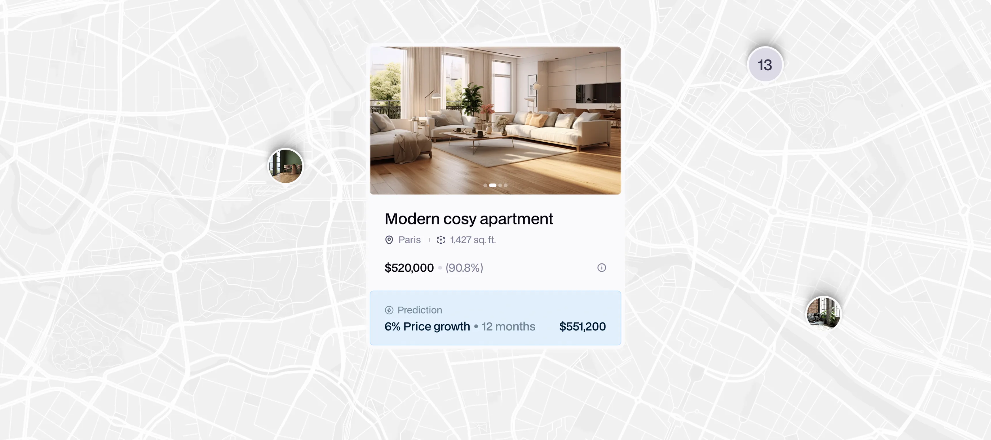 Map interface showing a listing for a modern cozy apartment in Paris with 1,427 sq. ft., priced at $520,000 with a predicted 6% price growth over 12 months to $551,200.