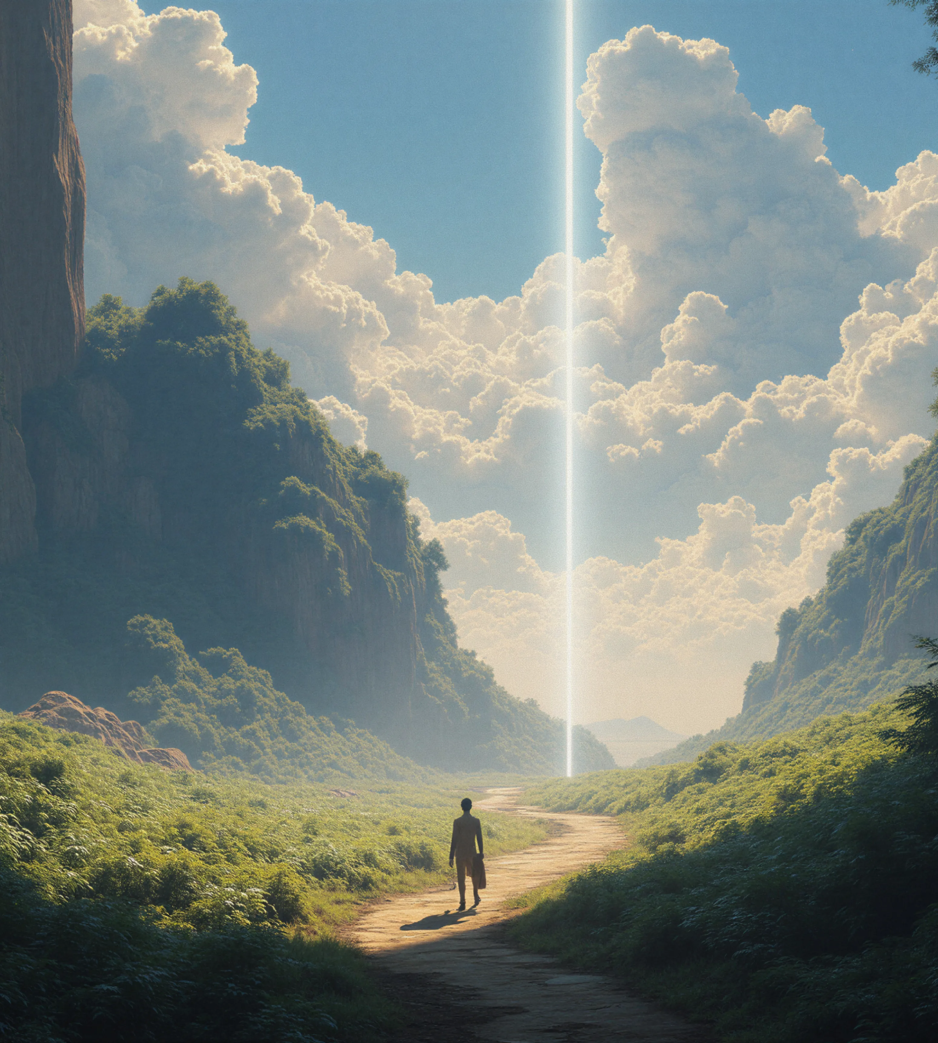 Person walking on a winding path through a green valley with large cliffs and a vertical beam of light reaching the cloudy sky.