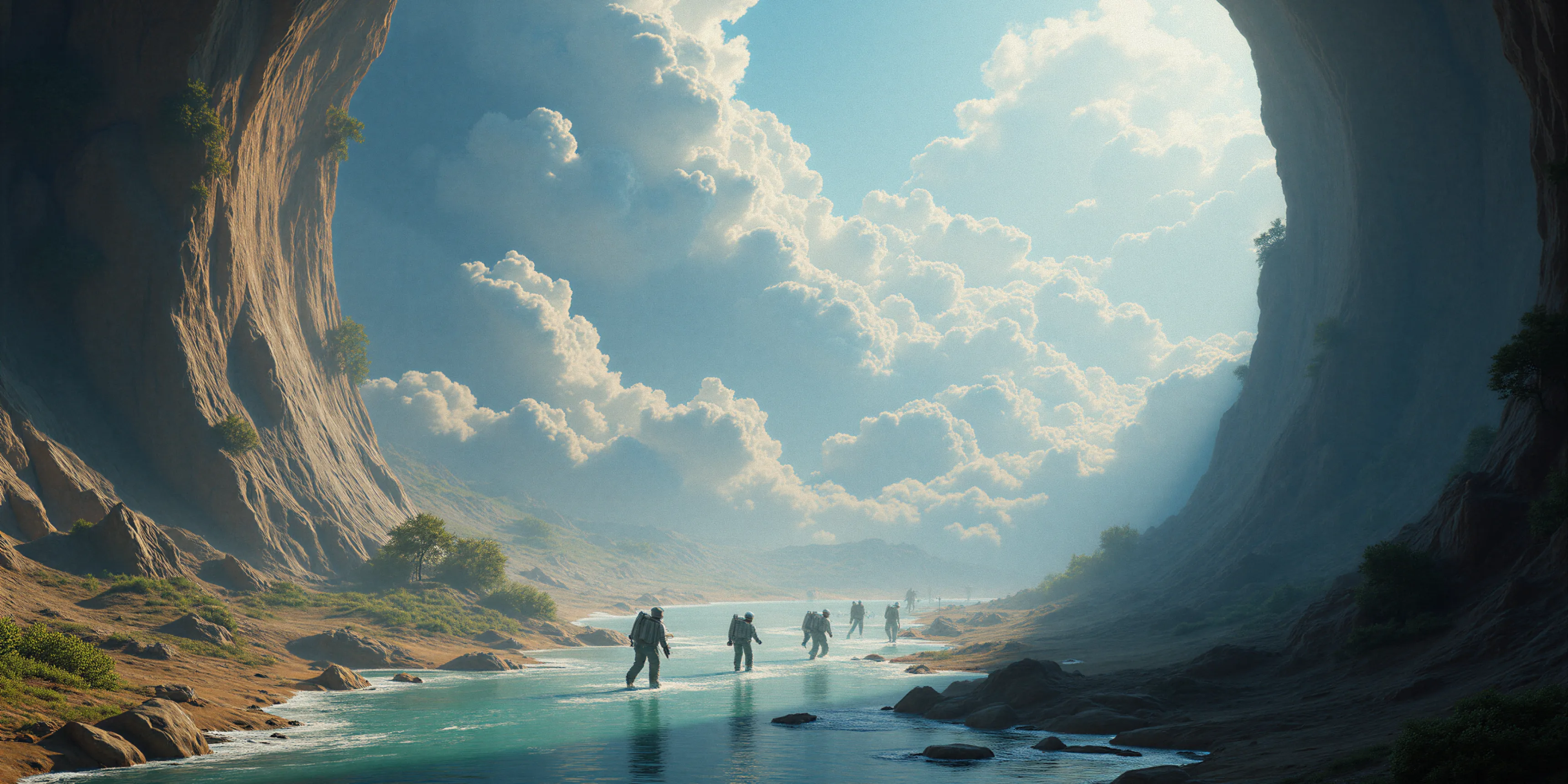 People in spacesuits walking through a shallow river surrounded by towering cliffs under a cloudy sky.