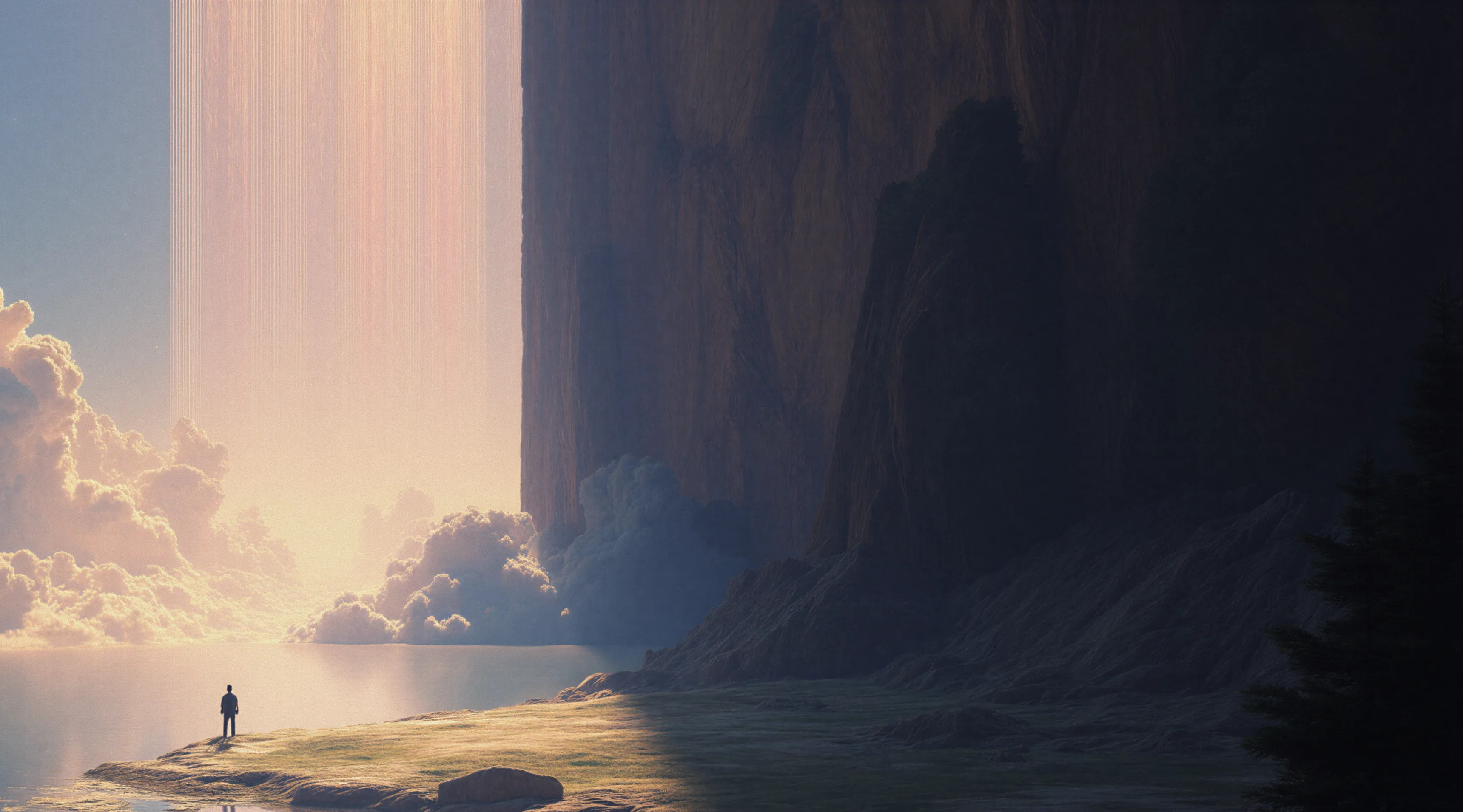 A lone figure stands on a grassy cliff edge overlooking a calm body of water with towering cliffs and glowing clouds in a surreal landscape.