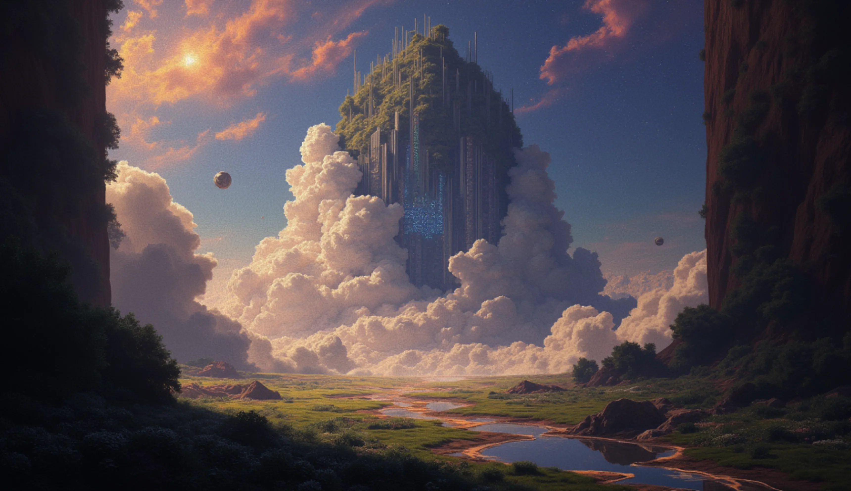 Fantasy landscape with a towering floating mountain covered in greenery and vertical structures, surrounded by clouds, with a winding river in the foreground under a colorful sky.