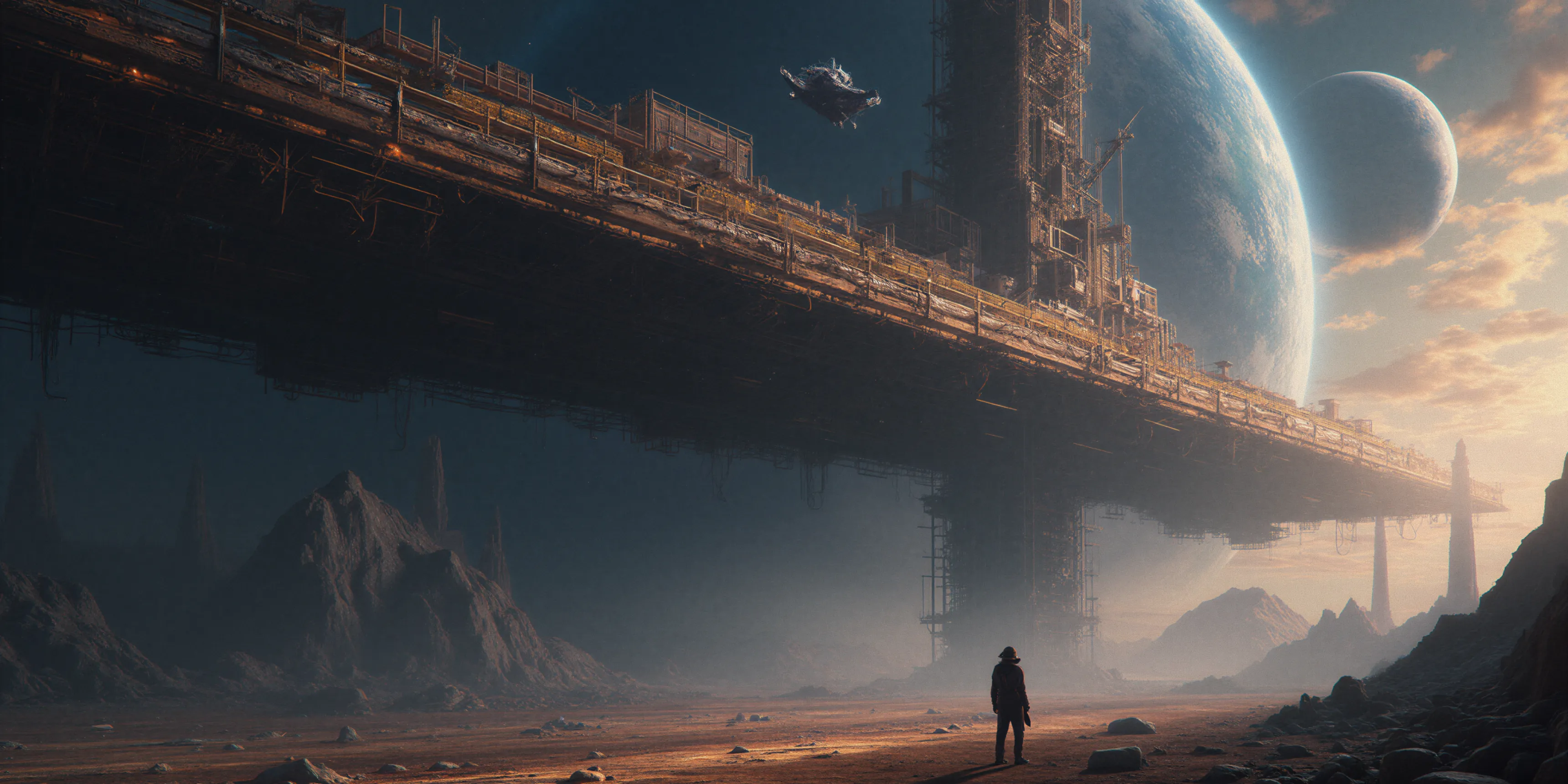 A lone astronaut stands on a rocky, barren landscape beneath a massive, futuristic structure with two large planets visible in the sky.