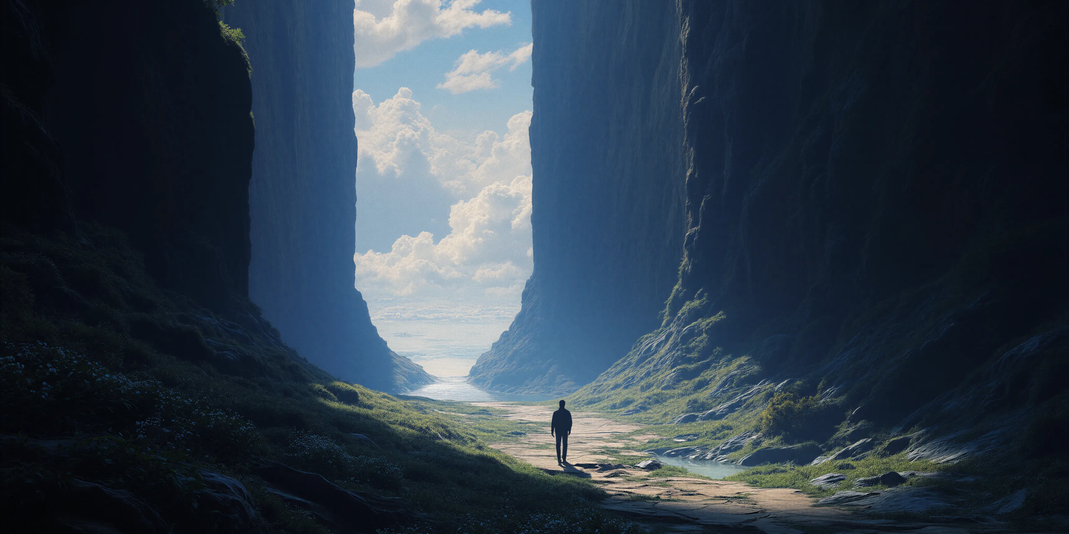 Person walking on a path between two towering cliffs with a bright sky and clouds in the background.