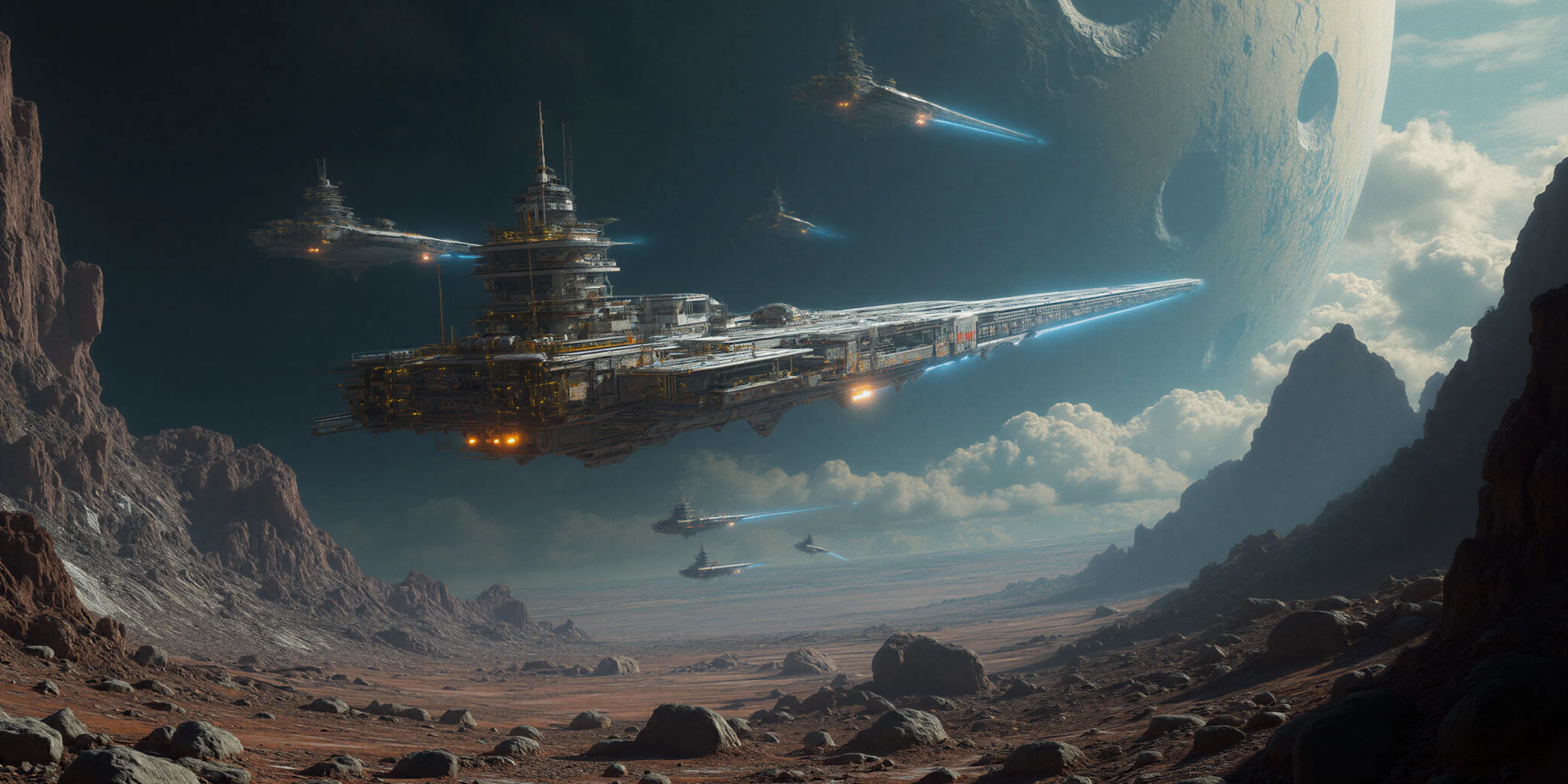 Futuristic large spaceship and smaller escort ships flying over a rocky alien landscape with a giant cratered moon in the sky.
