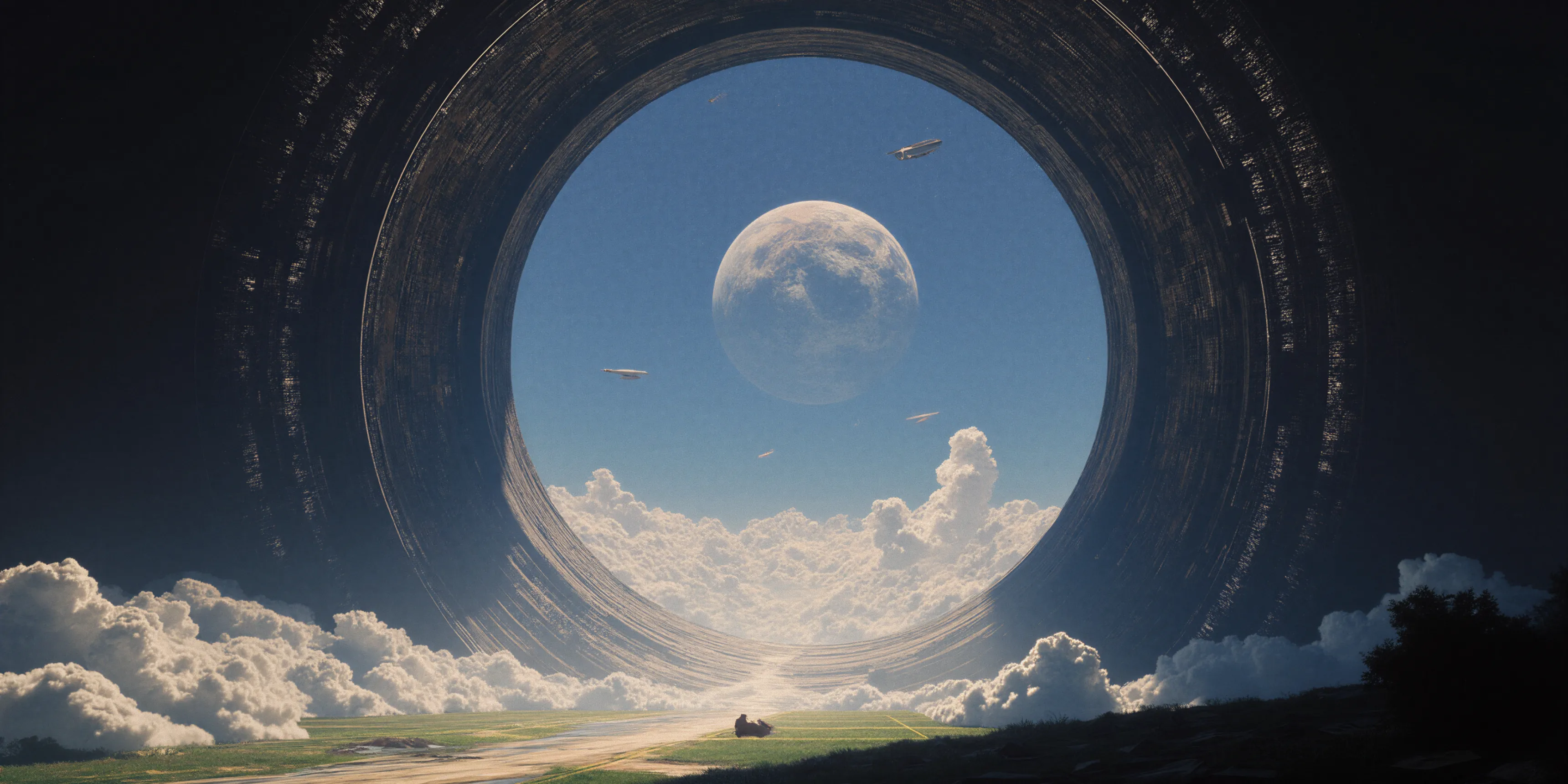 A large circular portal or structure opening to a sky with a full moon, clouds, and flying vehicles, with a person sitting on grass in the foreground.