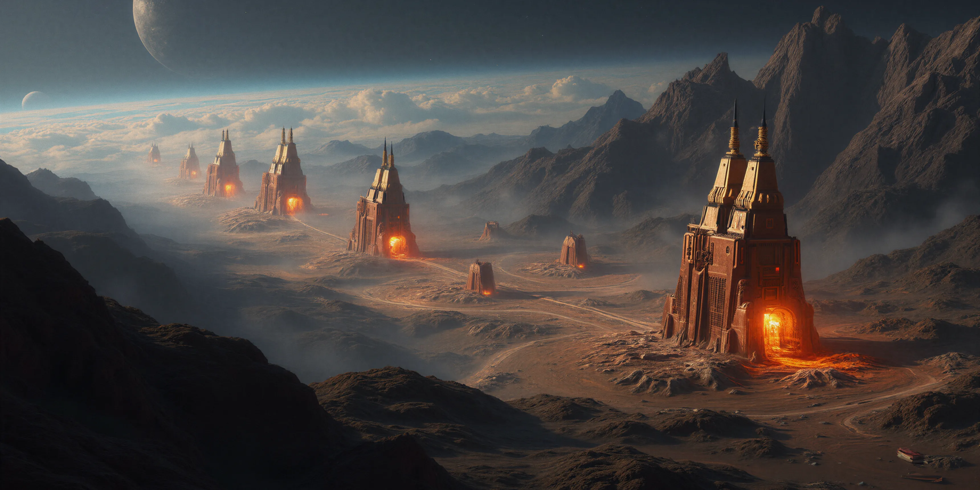 Futuristic towers with glowing orange entrances aligned on rocky terrain under a dark sky with two moons.