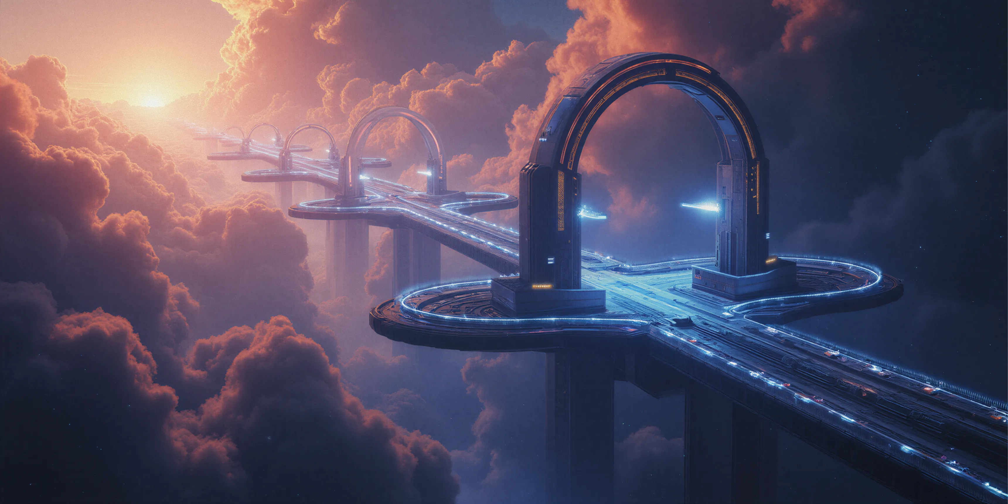 Futuristic highway in the clouds with glowing arches and vehicles driving under a sunset sky.