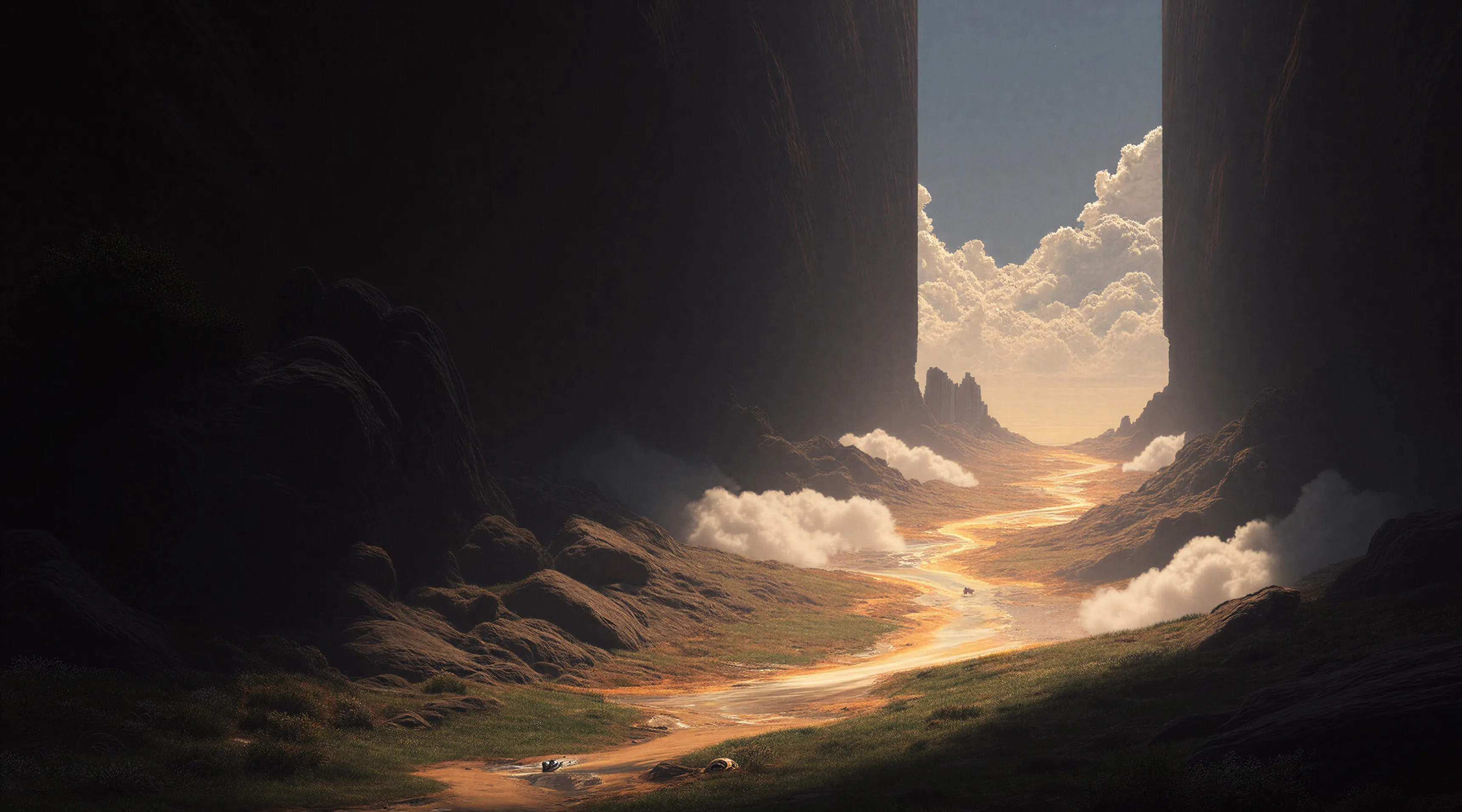 A glowing golden river flows through a narrow valley flanked by towering dark cliffs, with fluffy clouds and a bright sky in the distance.