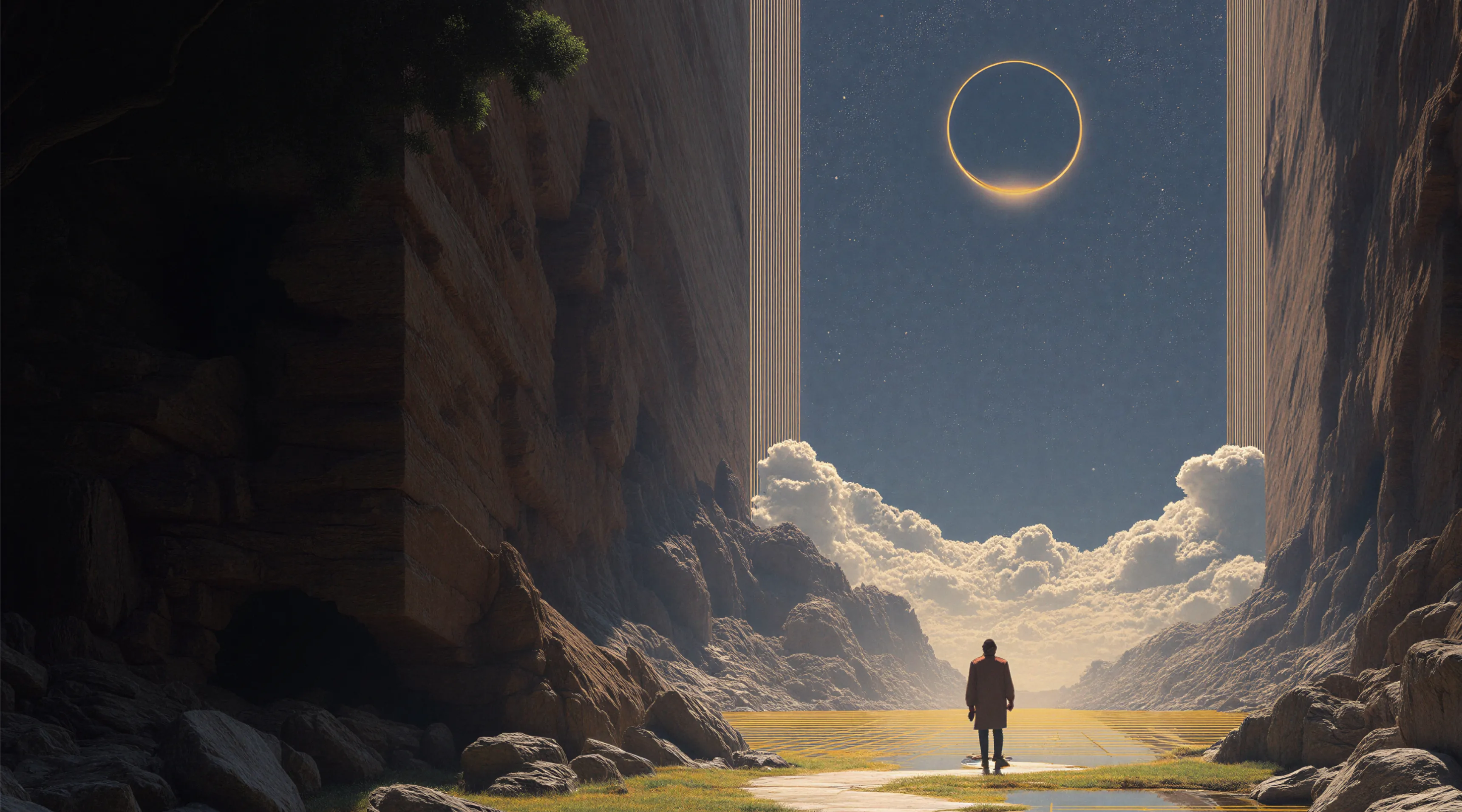 A person standing between towering rocky cliffs, facing a glowing ring in the sky above clouds.