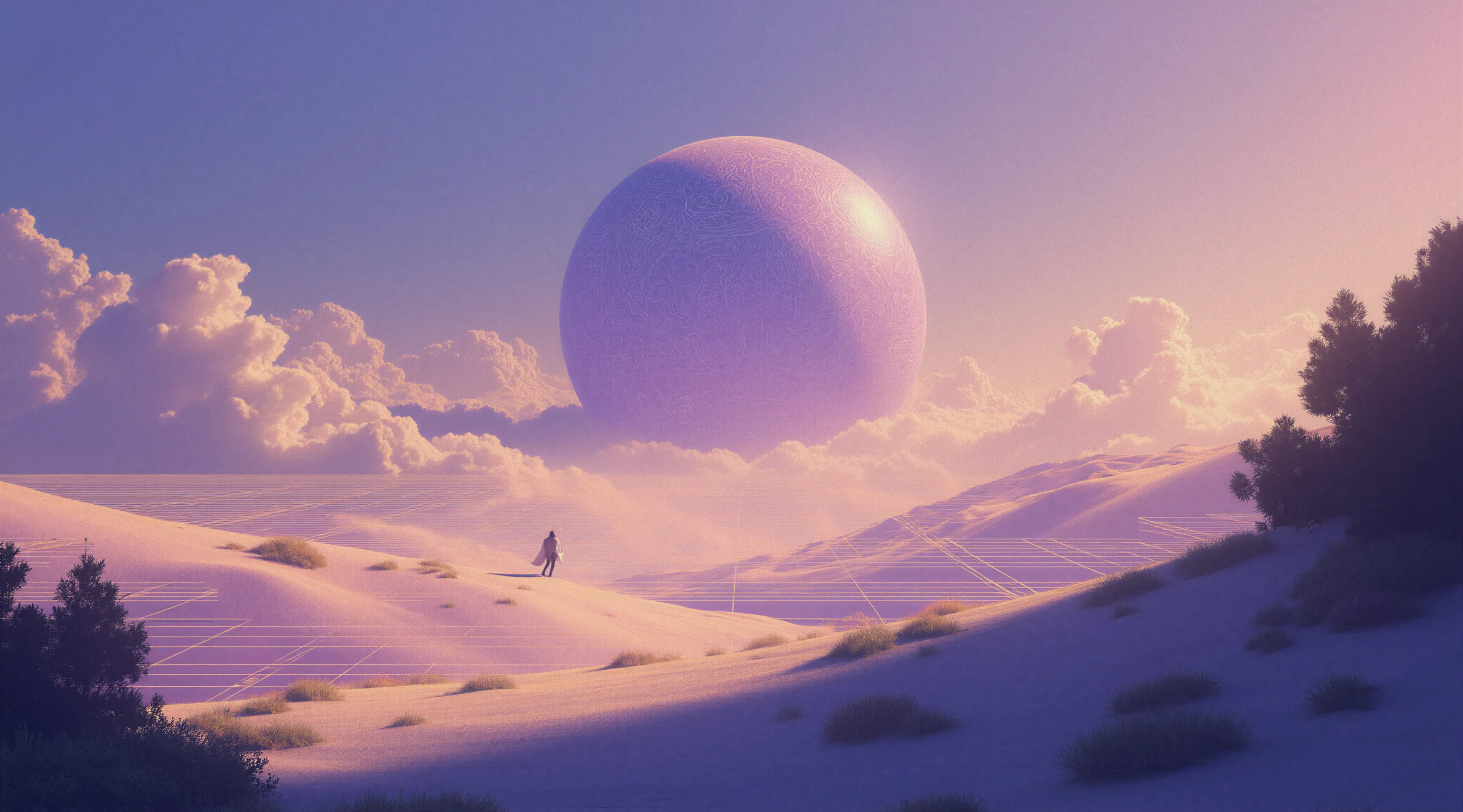 A lone figure walks across a pastel-colored, surreal landscape with sand dunes, grass patches, and trees, approaching a large, glowing purple sphere floating among clouds at sunset.