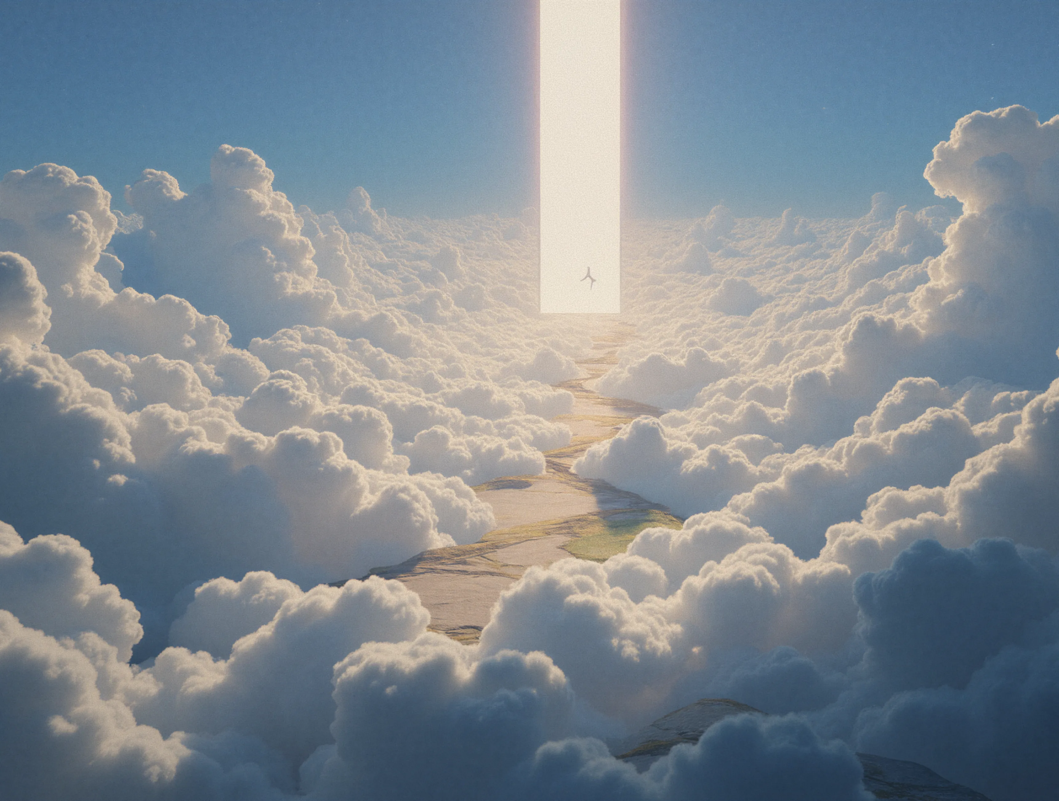 Pathway through clouds leading to a bright rectangular light with a small silhouetted figure in the distance.