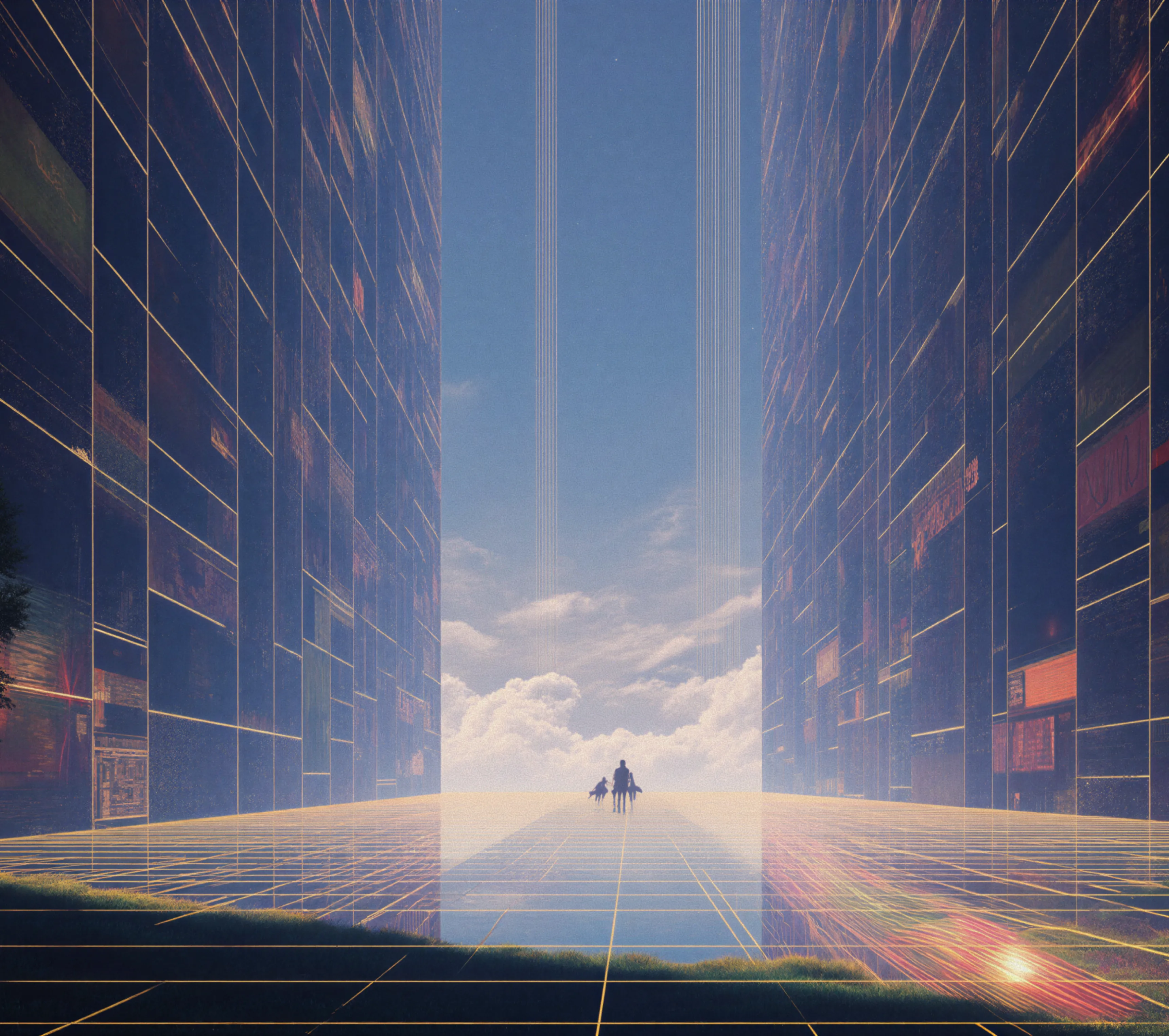 Two silhouetted figures walking between towering futuristic buildings with glowing grid lines extending into the sky and clouds.