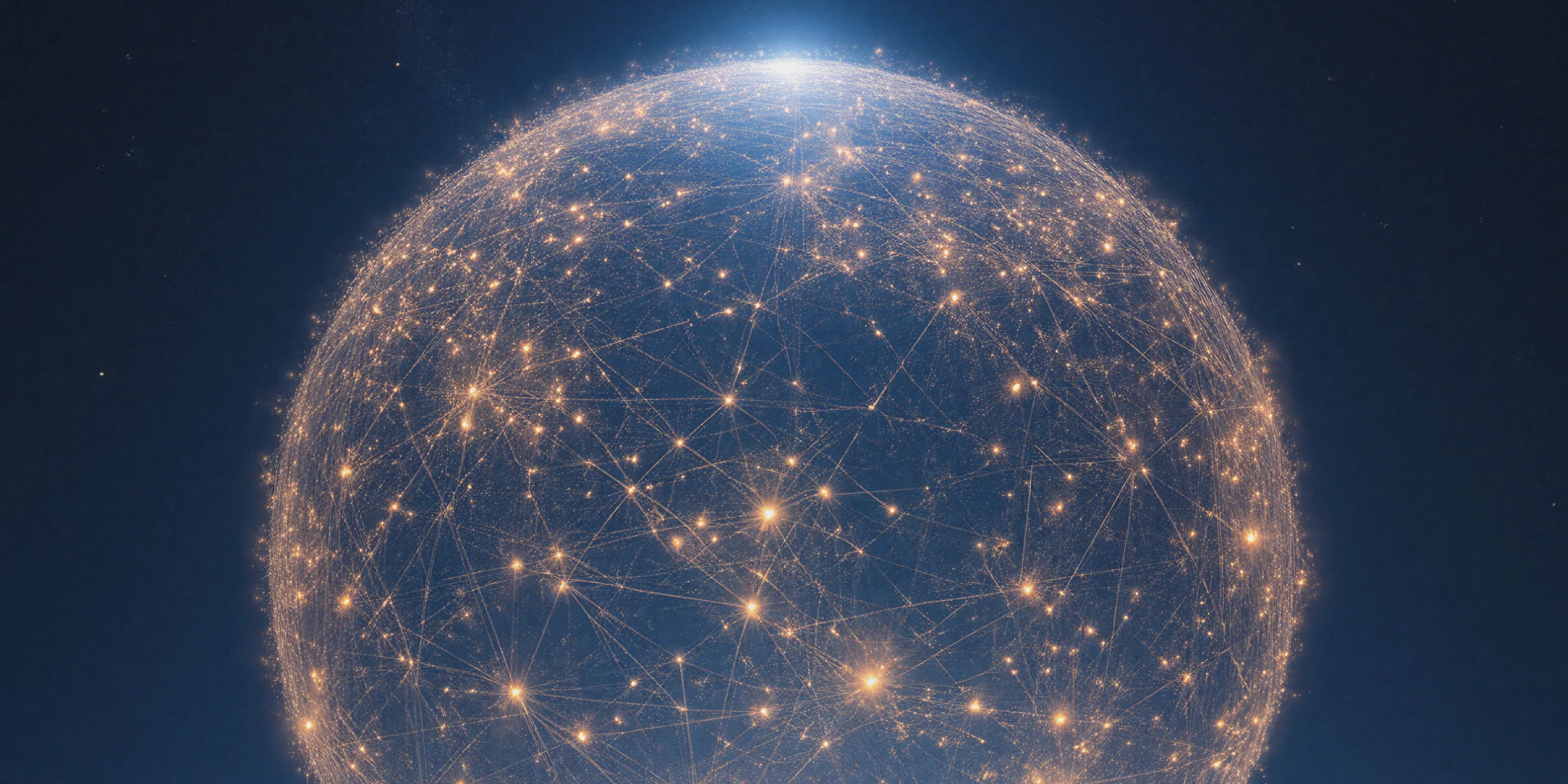 Glowing network of interconnected nodes forming a spherical shape against a dark background.
